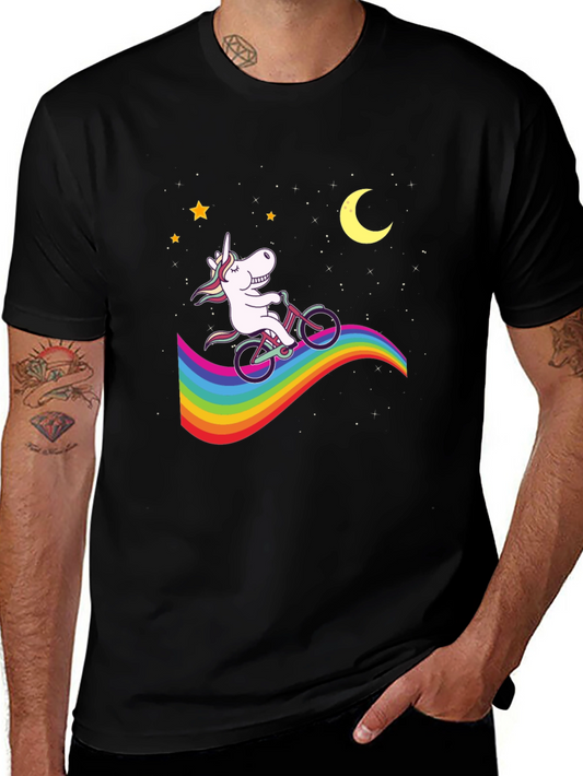 Unicorn Riding Rainbow Bike T-Shirt - Mens Black Tee