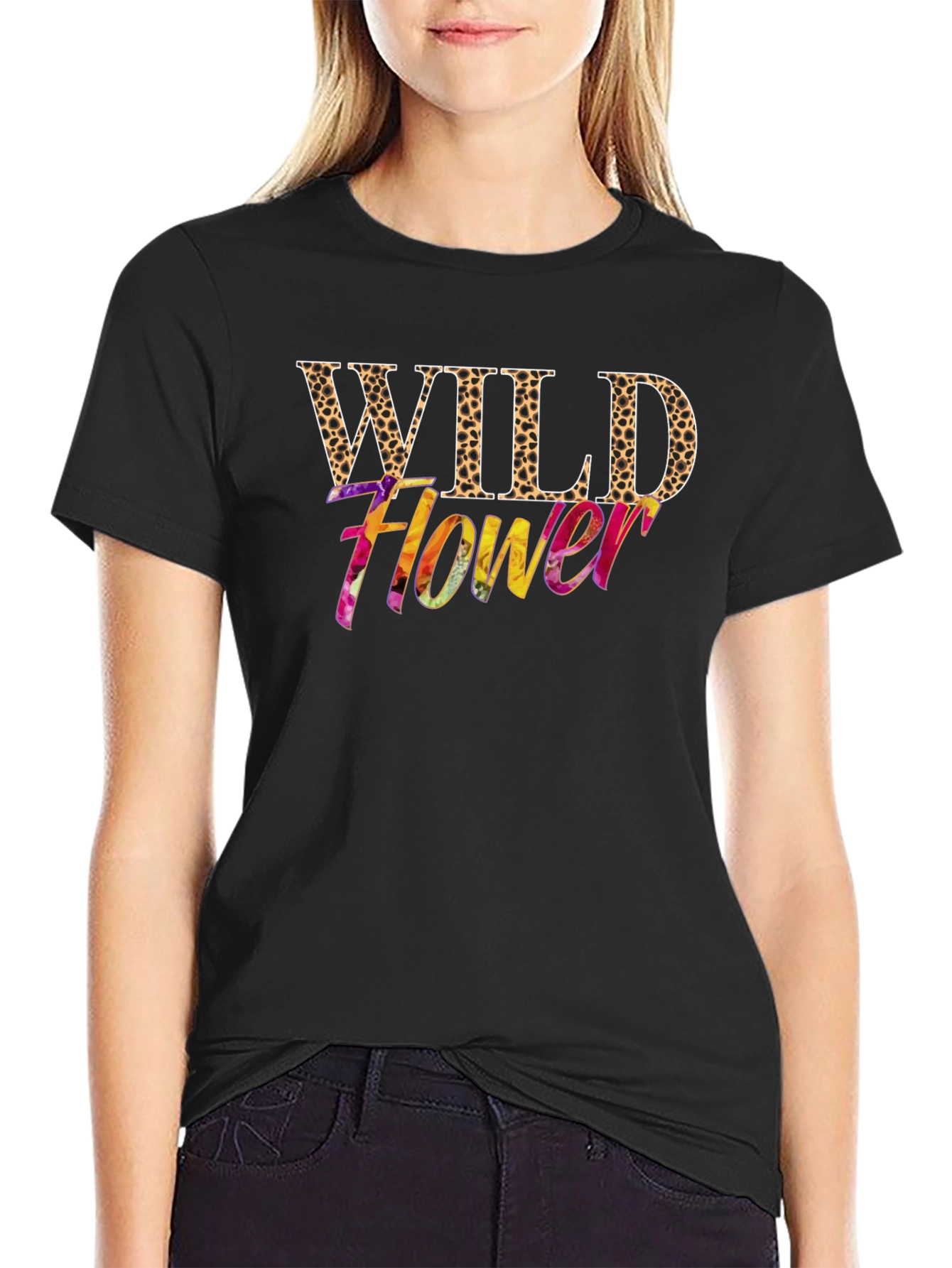 Wild Flower Leopard Print Graphic Tee - Black