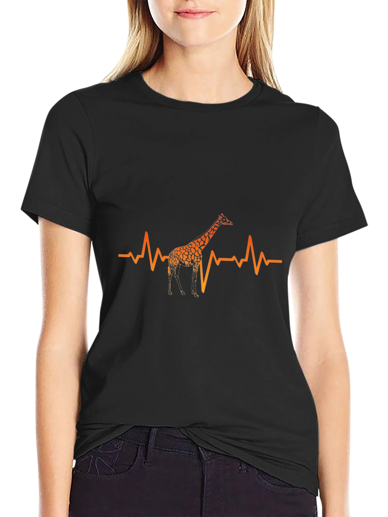 Giraffe Heartbeat Graphic Black T-Shirt