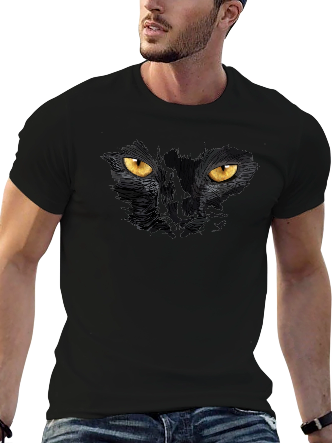 Black Cat Eyes Graphic T-Shirt - Mens Casual Tee