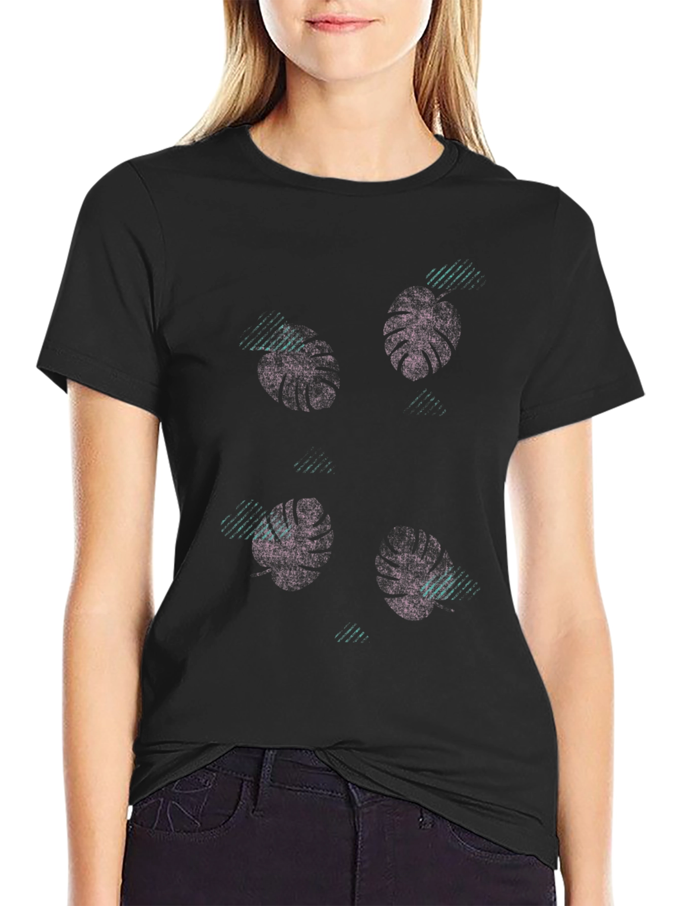 Tropical Leaf Print Black T-Shirt