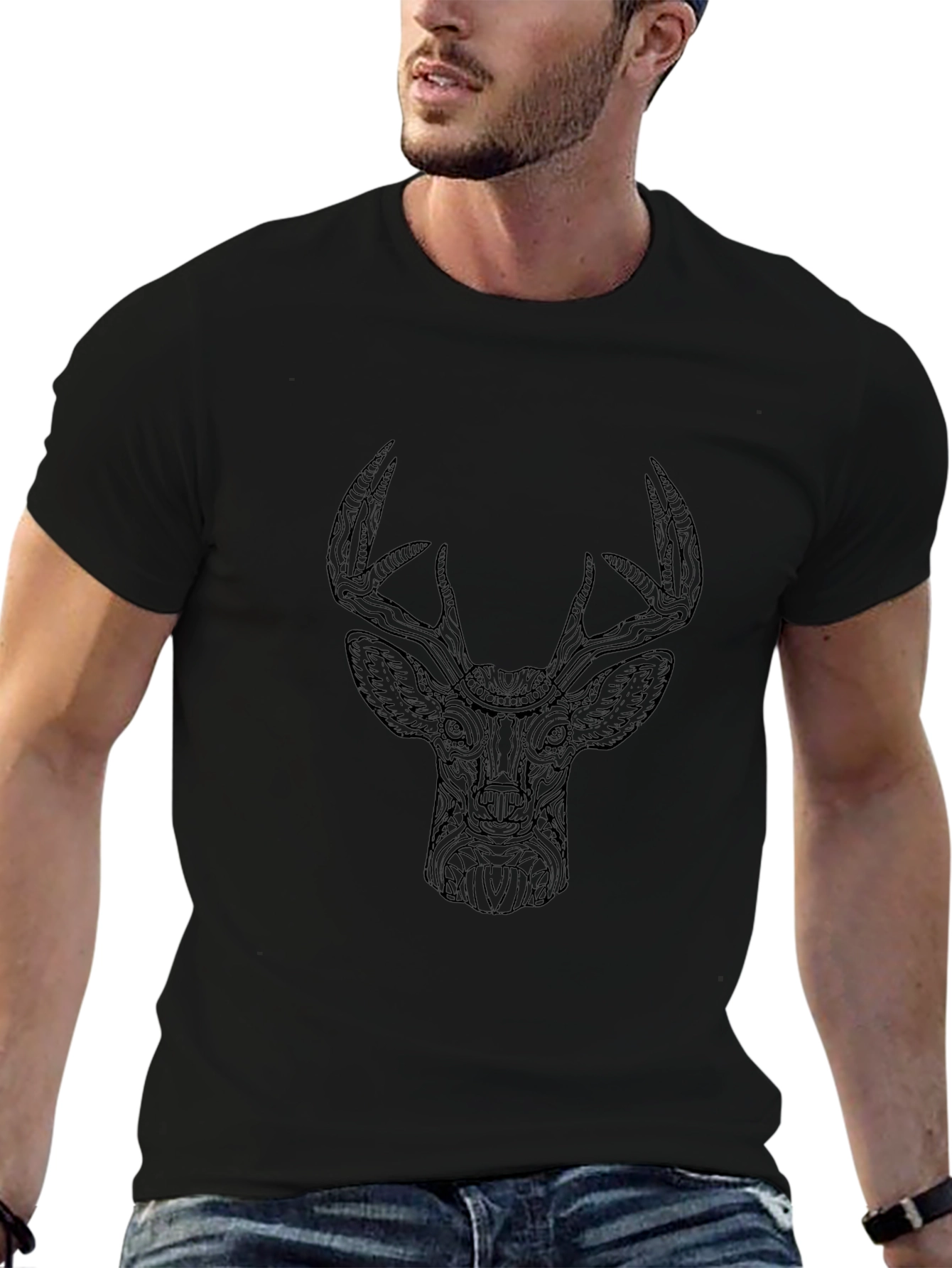 Mens Black T-Shirt with Deer Head Design