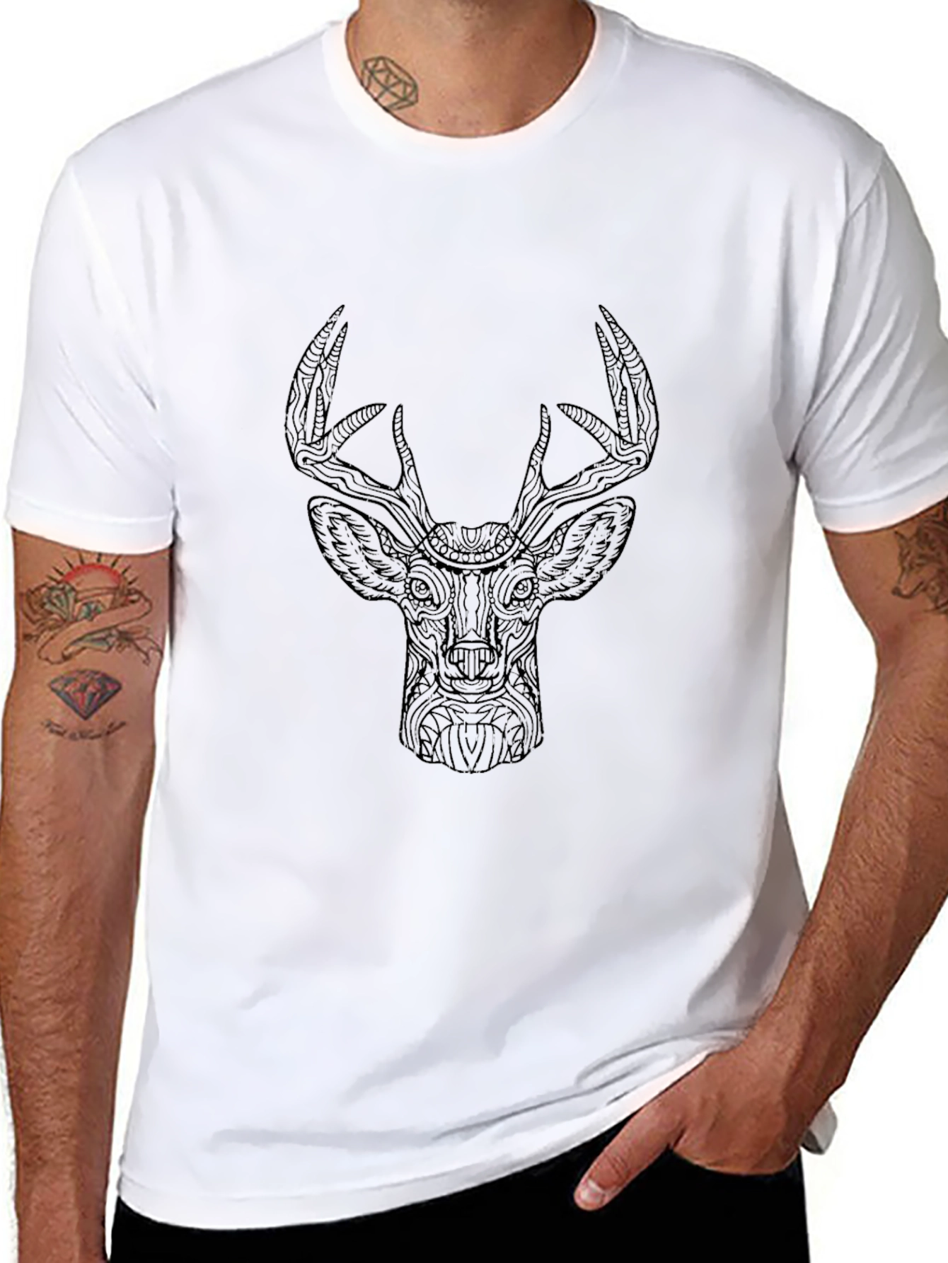 Mens Black T-Shirt with Deer Head Design