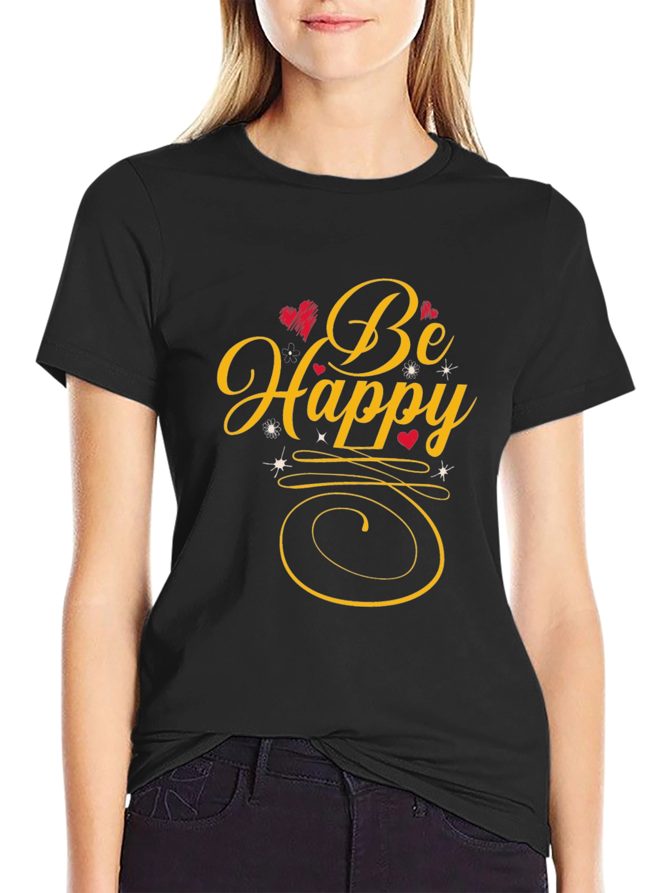 Be Happy Graphic Print Black T-Shirt