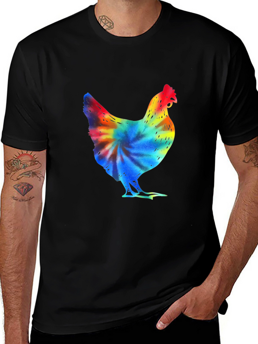 Colorful Tie-Dye Chicken Graphic Black T-Shirt