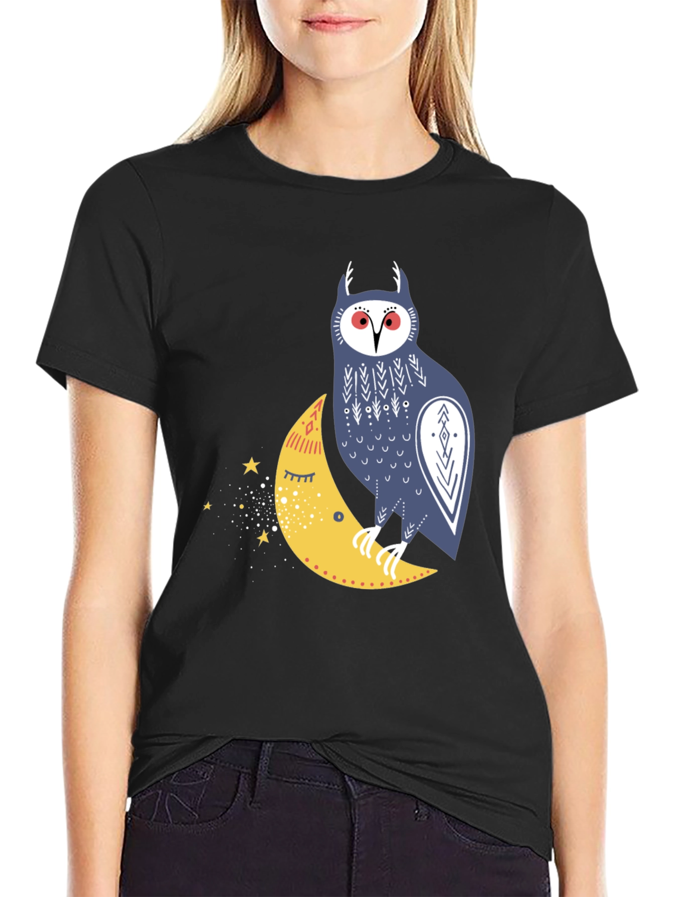 Owl on Moon Graphic T-Shirt - Black