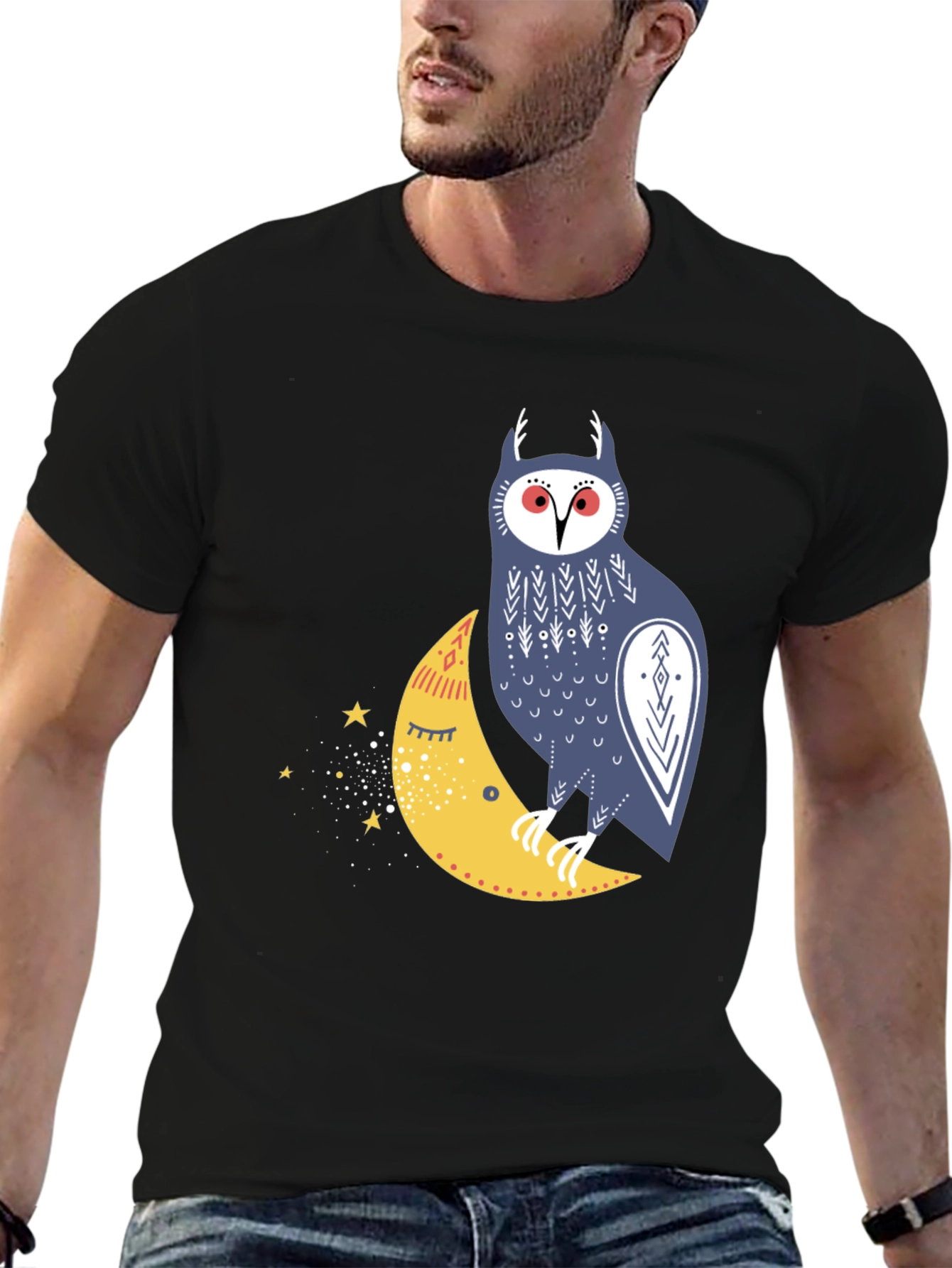 Owl on Moon Graphic T-Shirt - Black