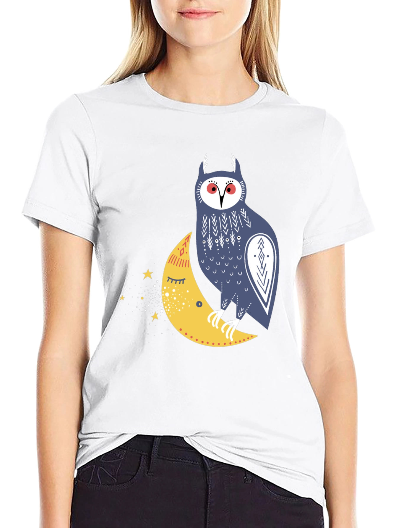 Owl on Moon Graphic T-Shirt - Black