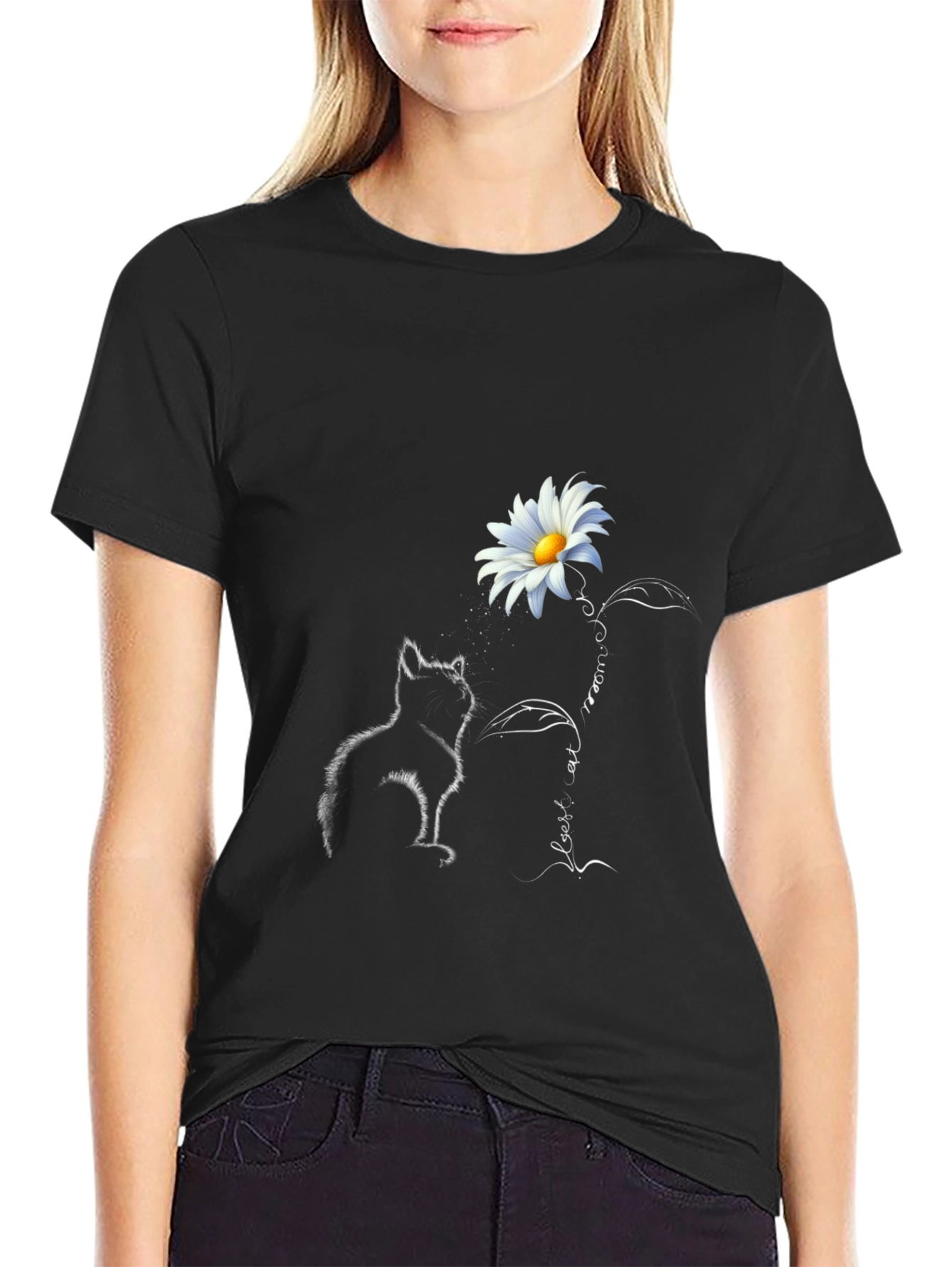 Daisy Cat Graphic Tee - Stylish Black T-Shirt