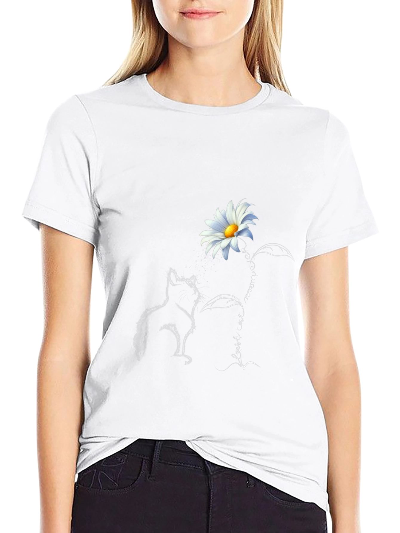 Daisy Cat Graphic Tee - Stylish Black T-Shirt