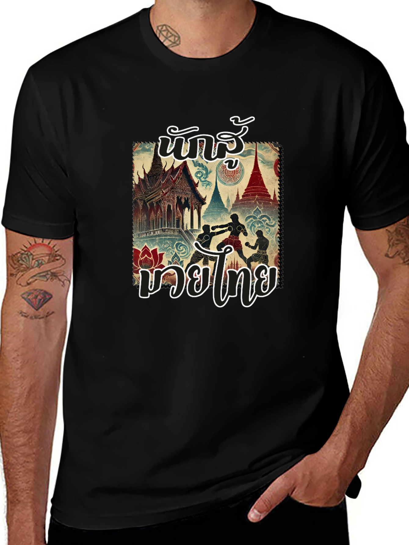 Muay Thai Black T-Shirt with Thai Art