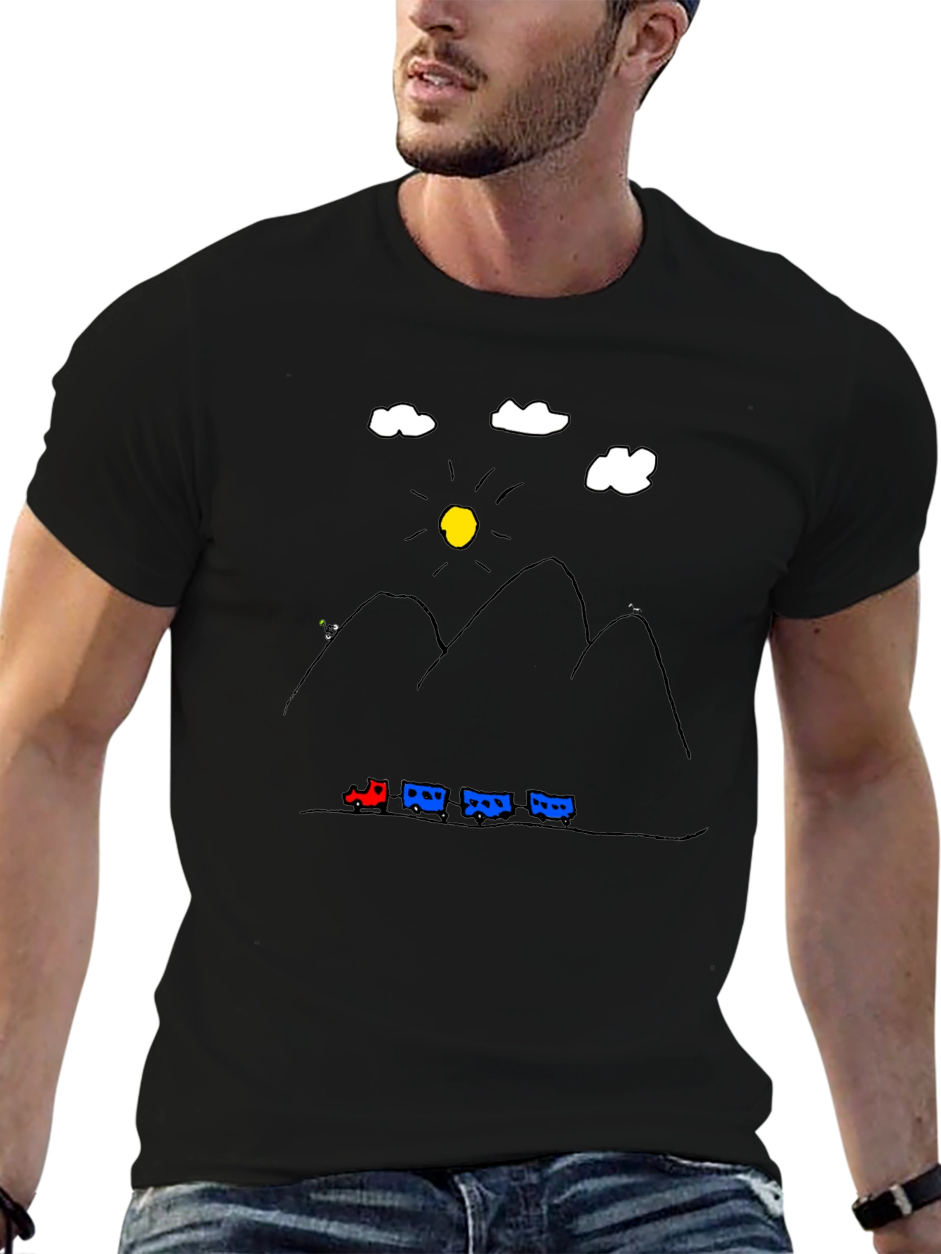 Mountain Train Tee - Quirky Graphic Black T-Shirt