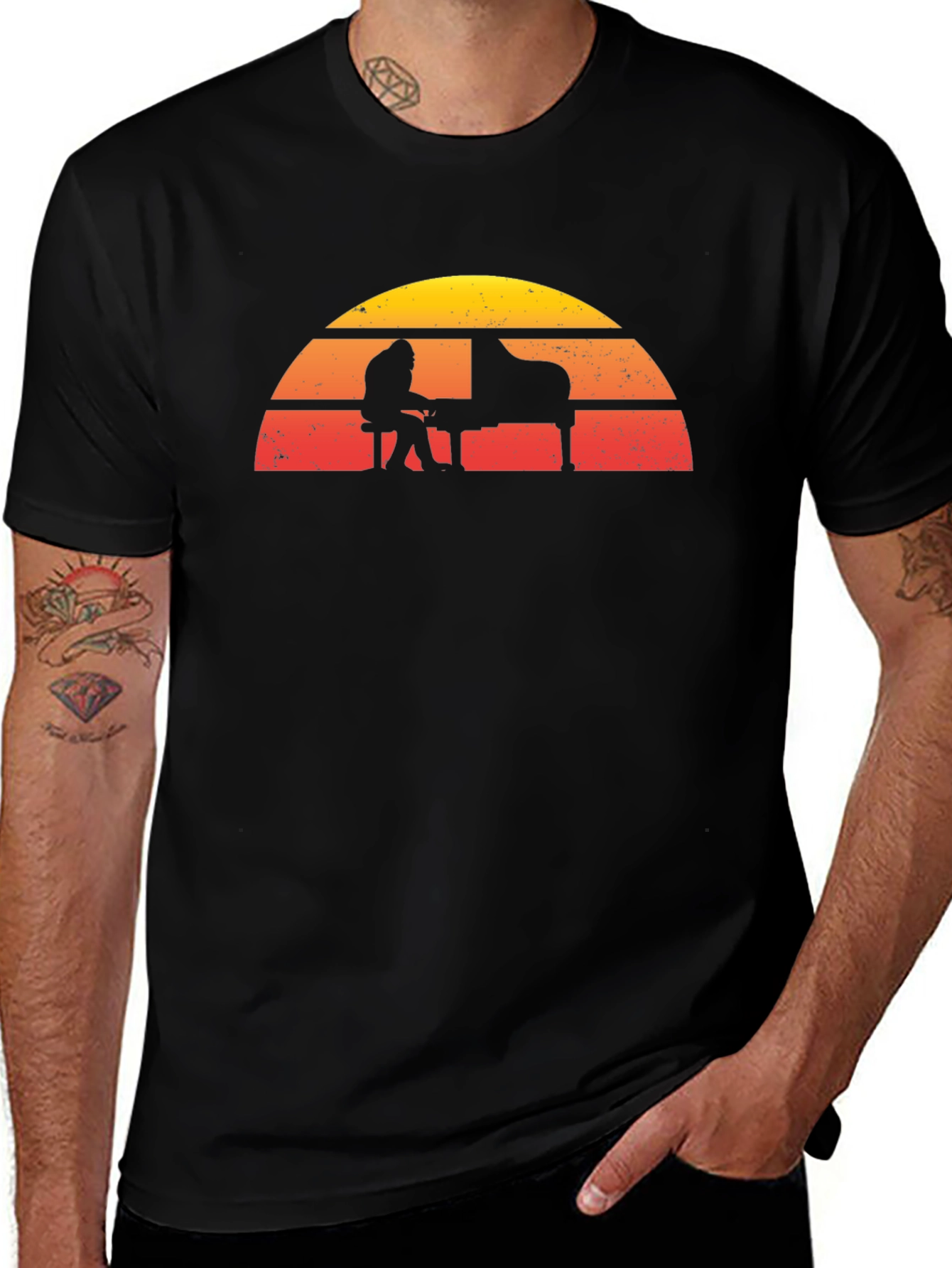 Retro Sunset Piano Player Graphic T-Shirt