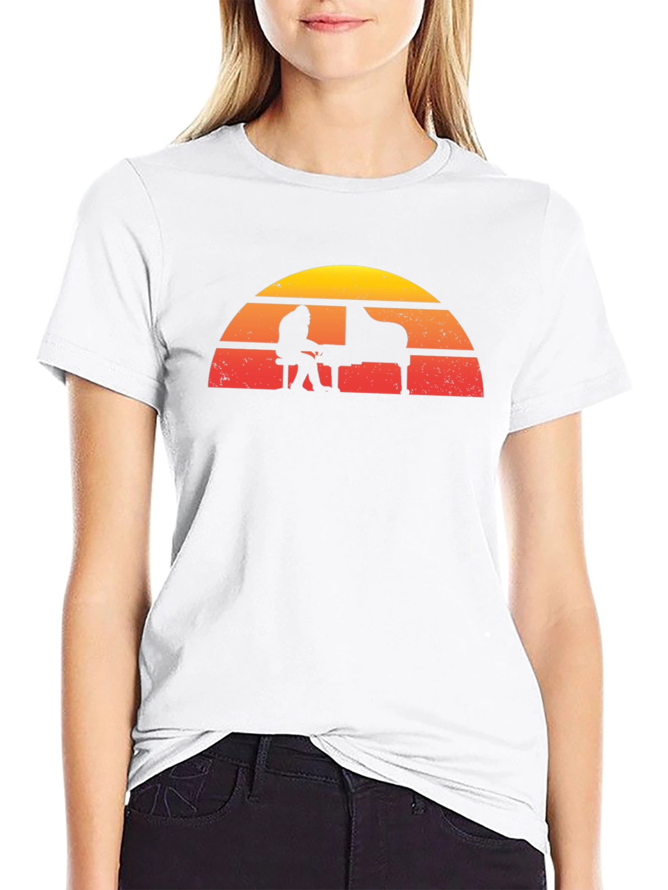 Retro Sunset Piano Player Graphic T-Shirt