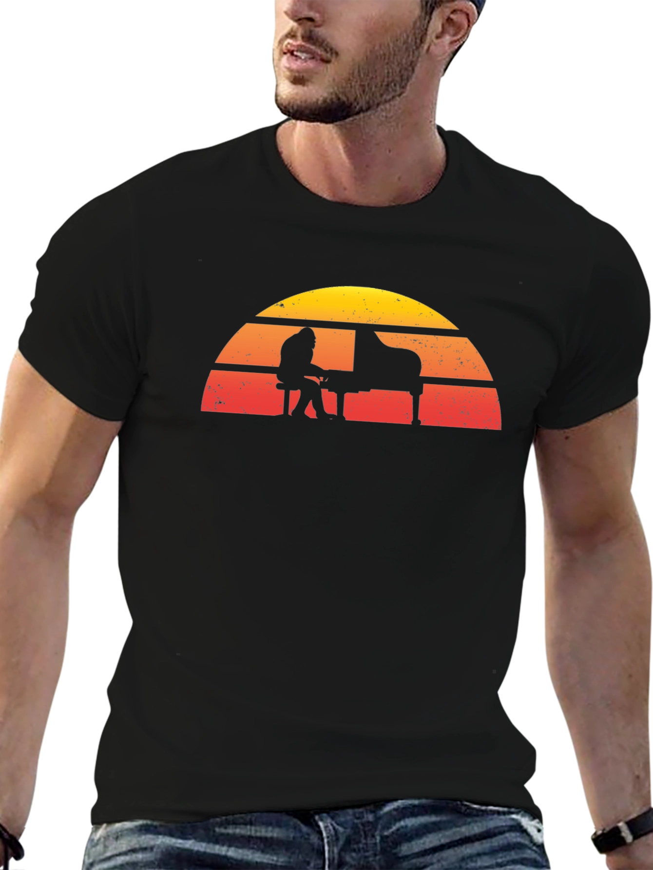 Retro Sunset Piano Player Graphic T-Shirt