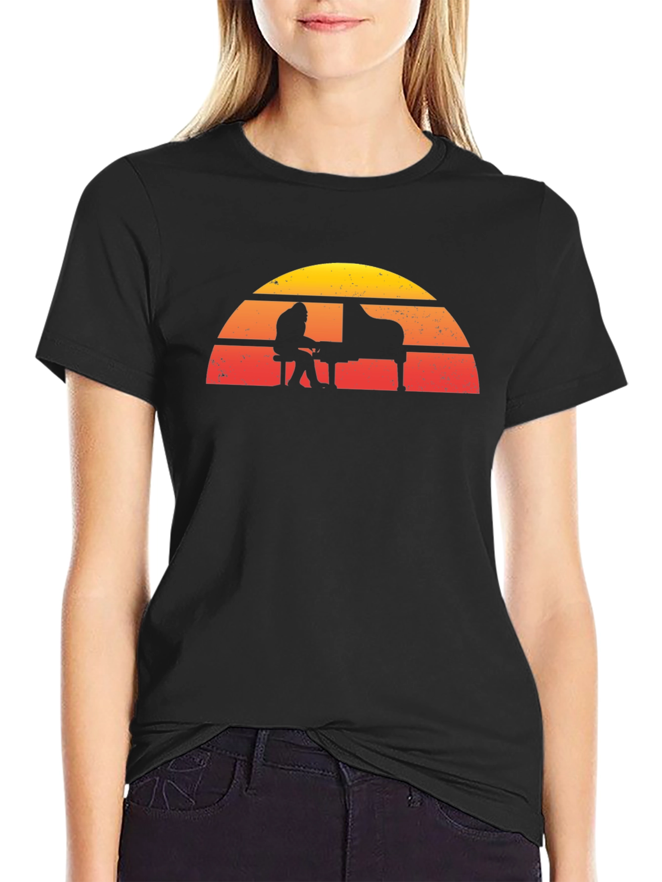 Retro Sunset Piano Player Graphic T-Shirt