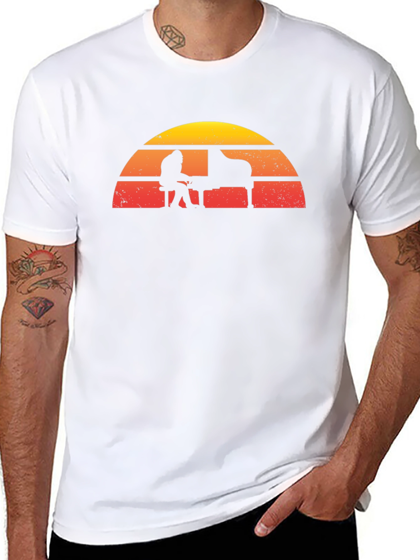 Retro Sunset Piano Player Graphic T-Shirt