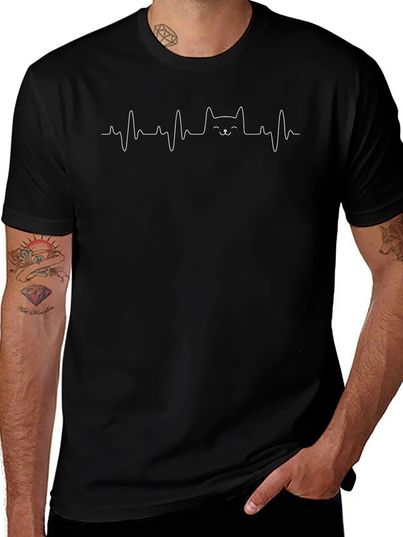Cat Heartbeat Graphic Tee - Black