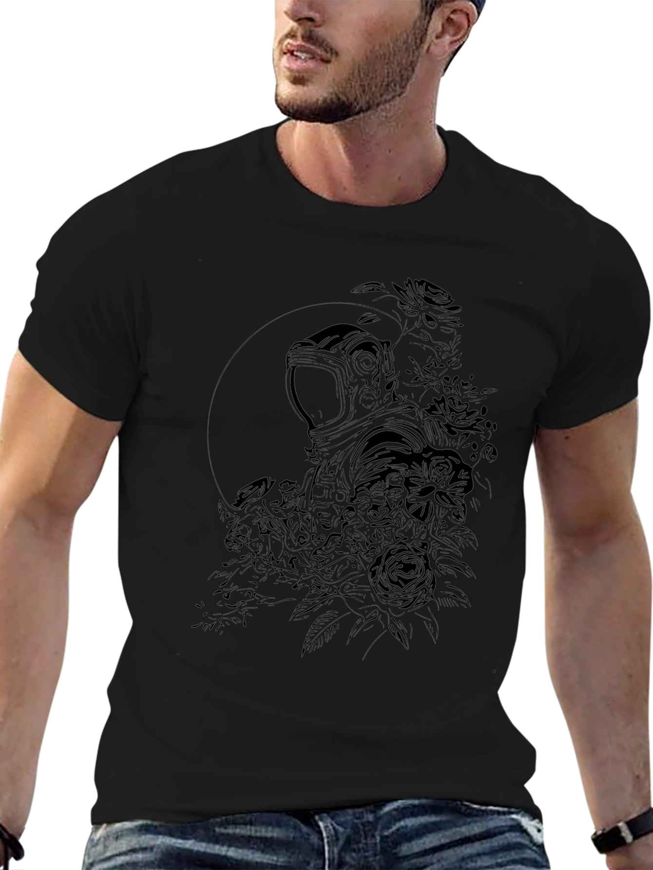 Floral Astronaut Graphic Black T-Shirt