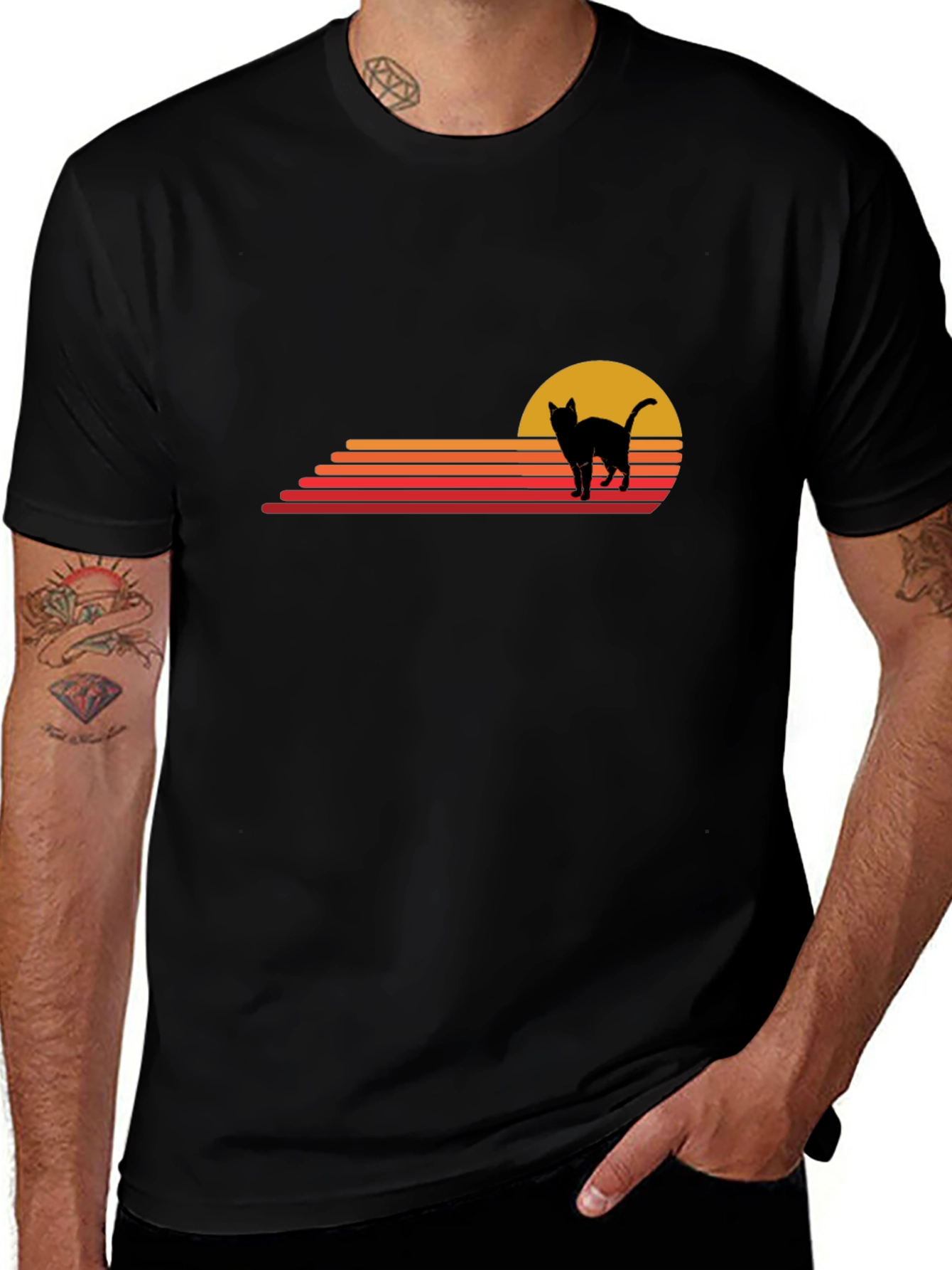 Retro Cat Sunset Graphic Tee - Black Cotton T-Shirt