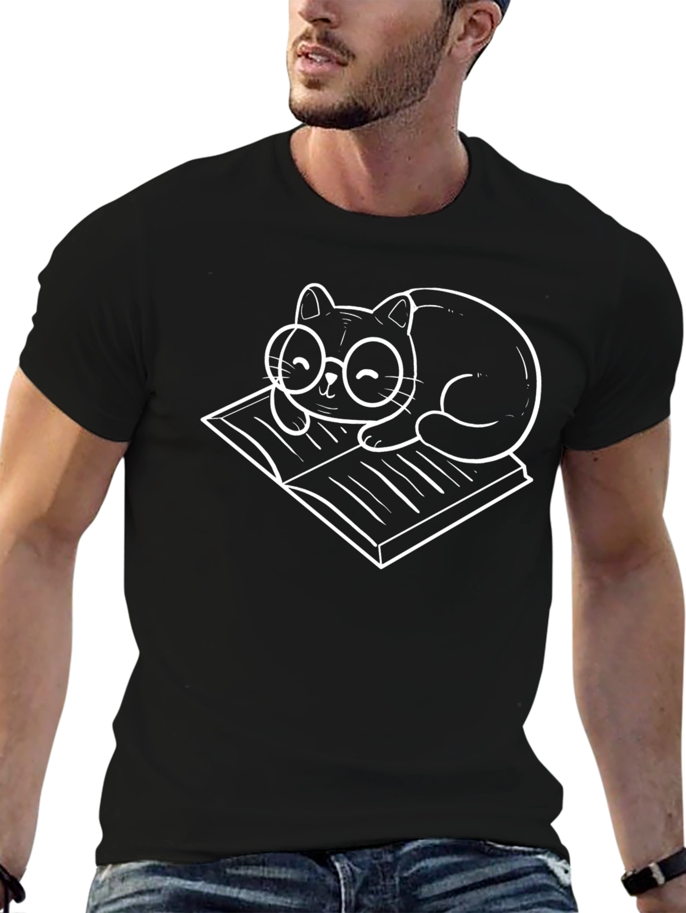 Cat Reading Book T-Shirt - Black Graphic Tee