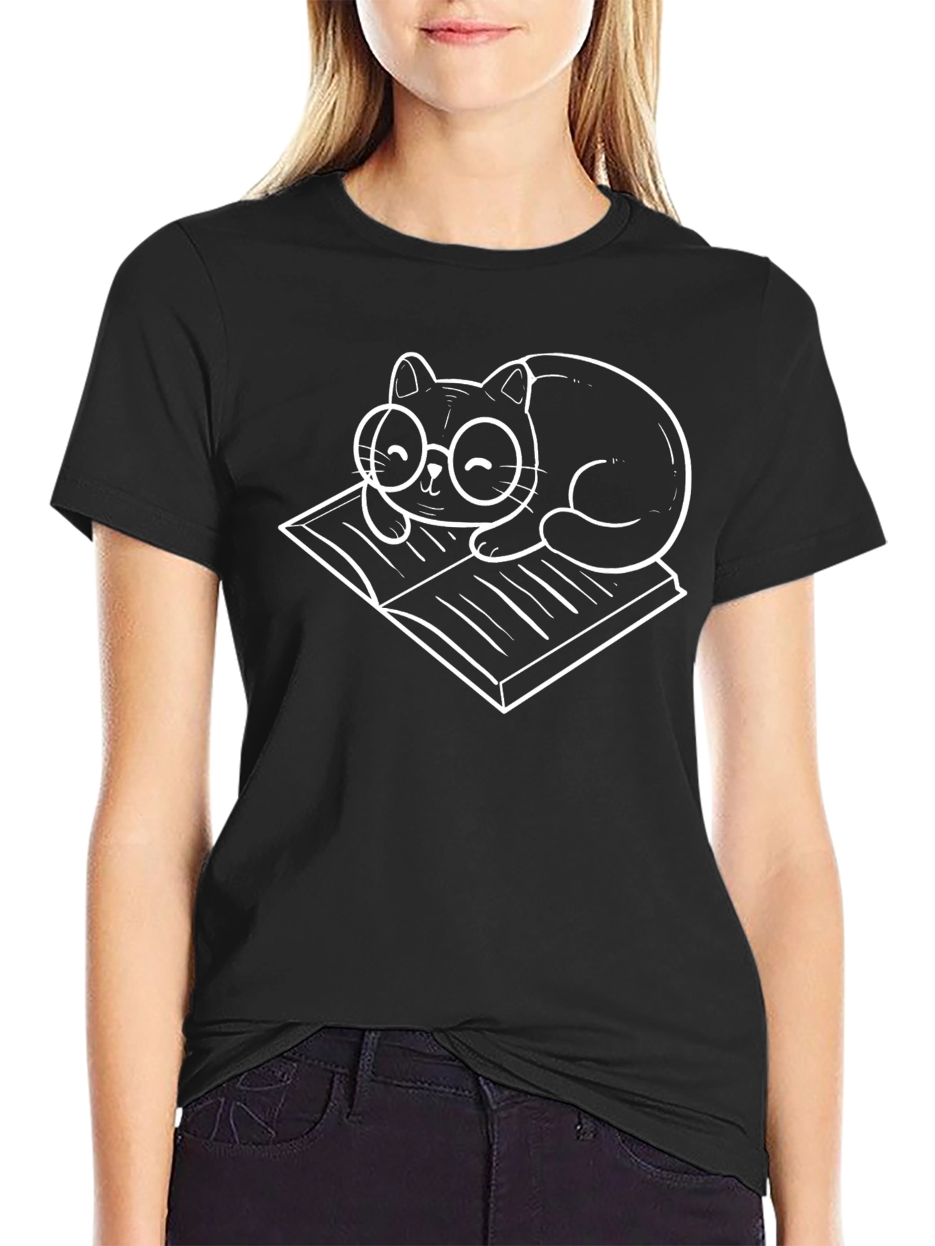 Cat Reading Book T-Shirt - Black Graphic Tee