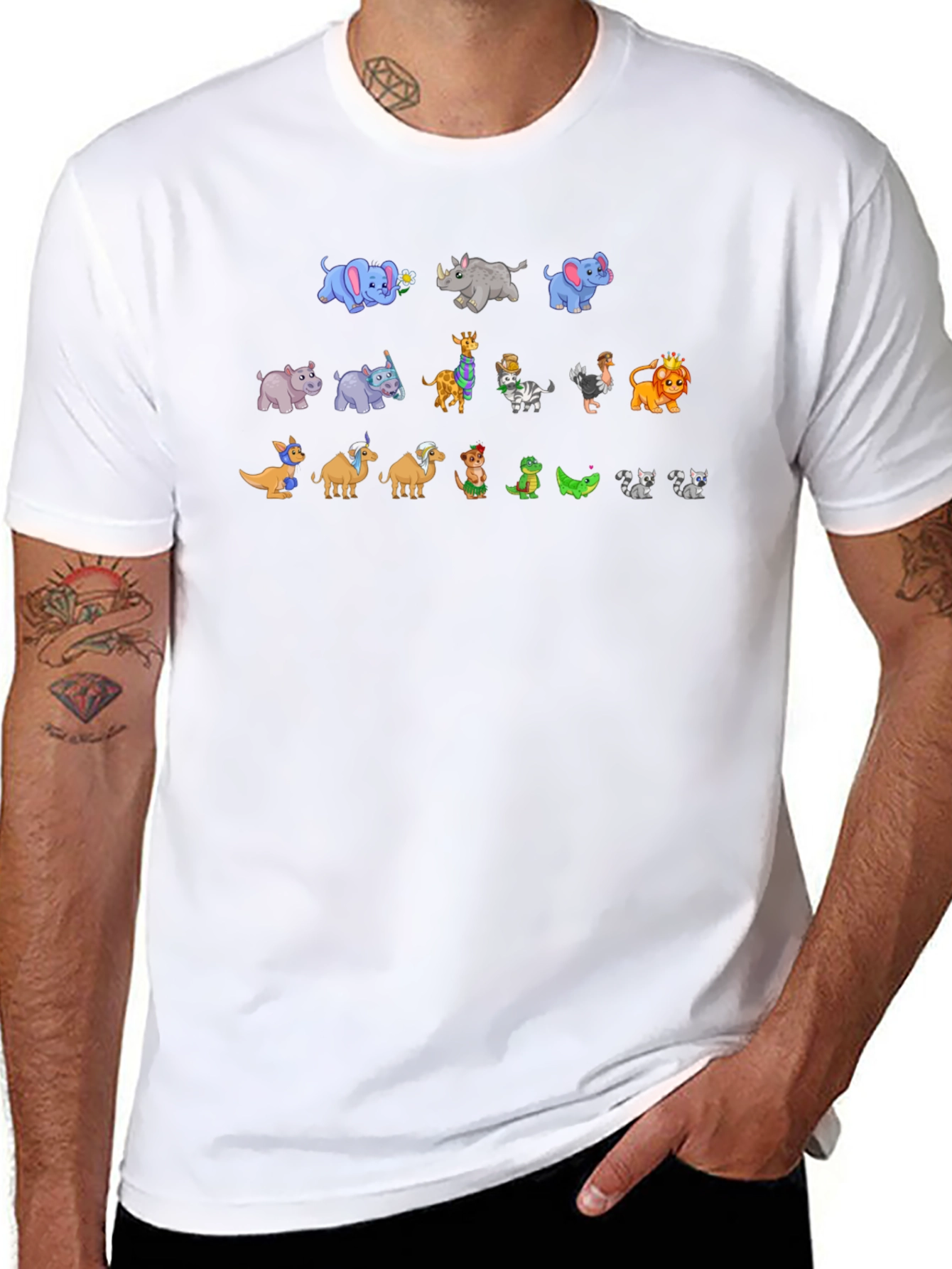 Zoo Animal Cartoon Print Black T-Shirt