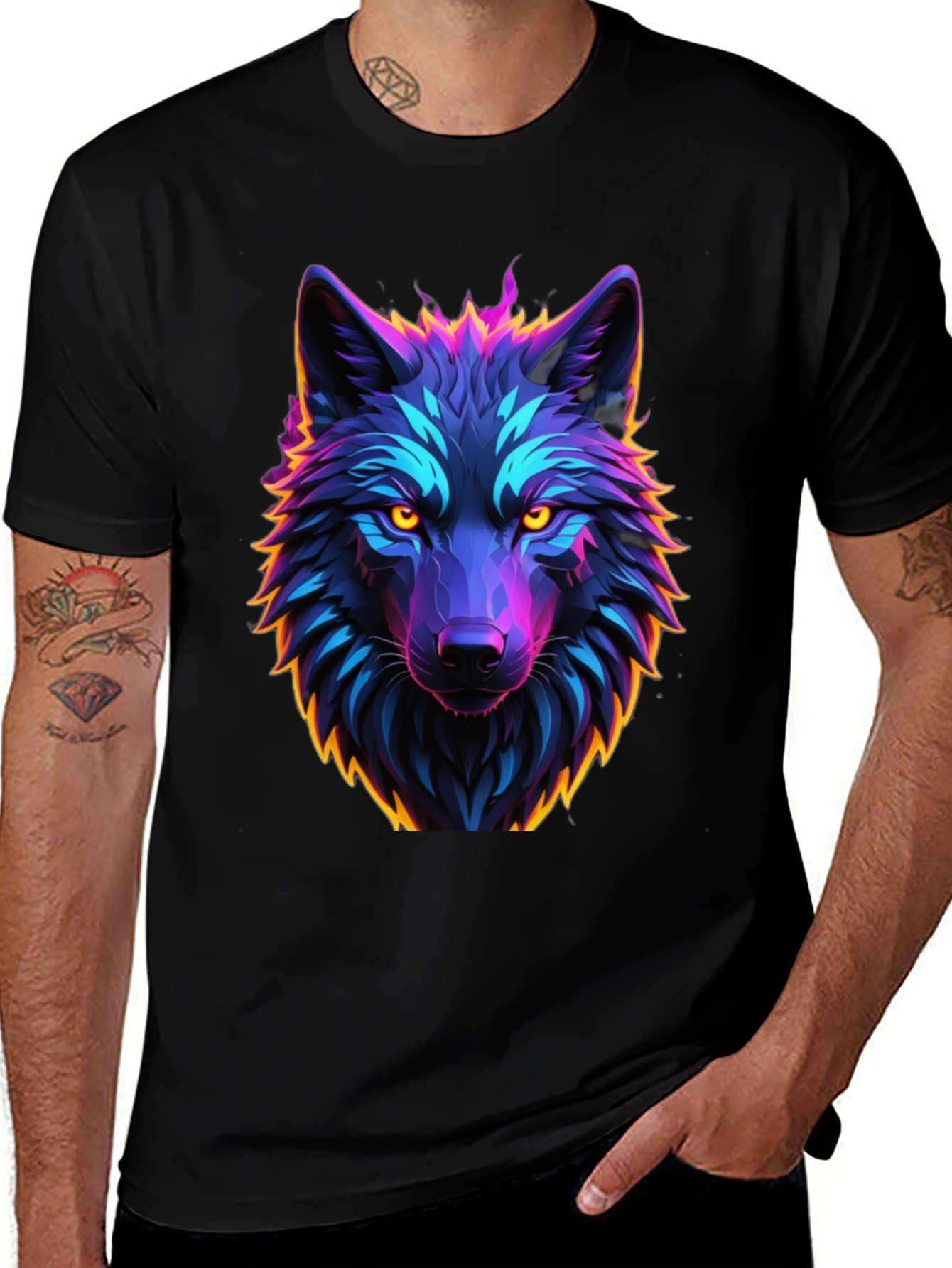 Neon Wolf Graphic Tee - Black Cotton
