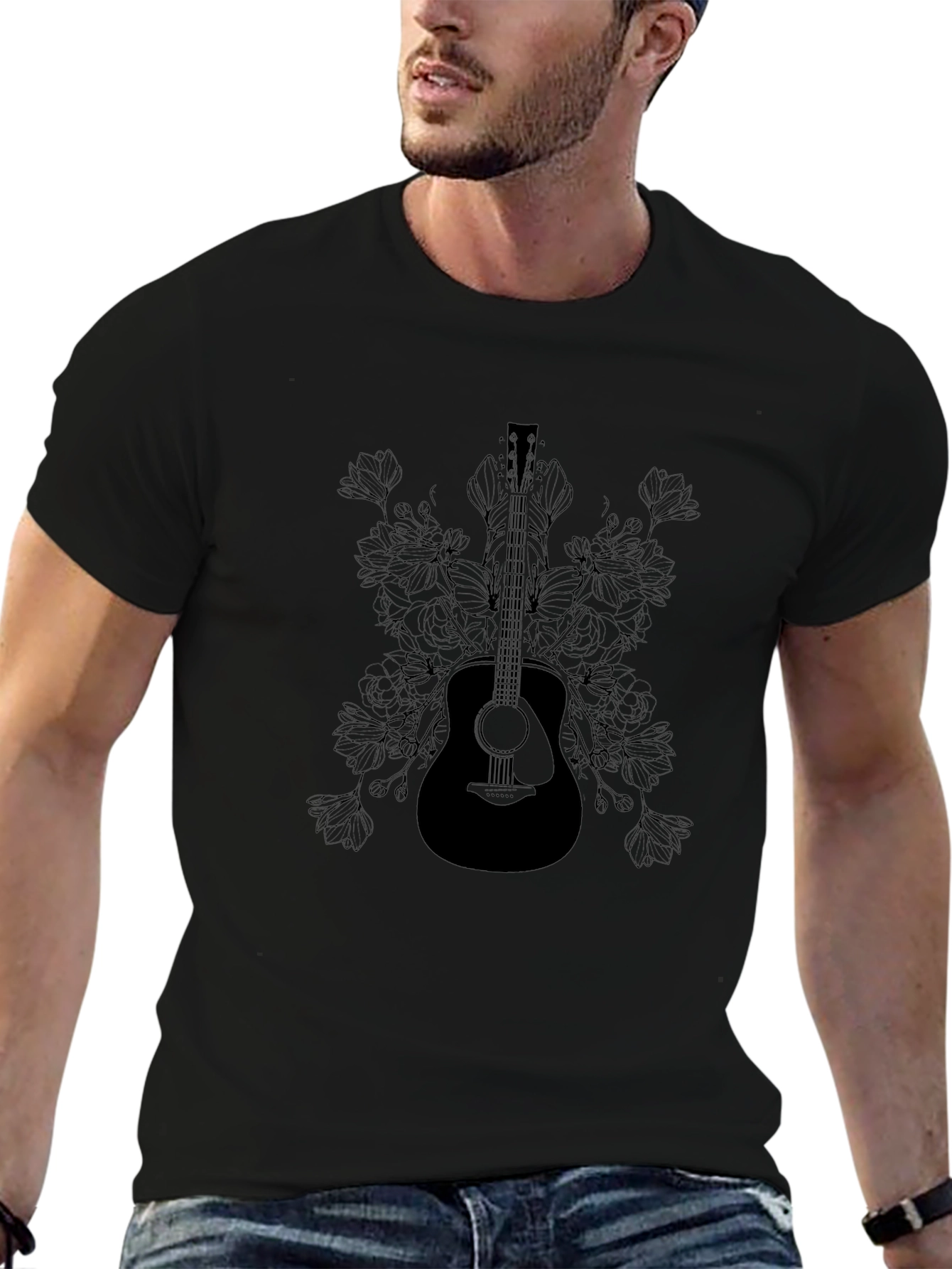 Guitar & Floral Graphic T-Shirt - Black