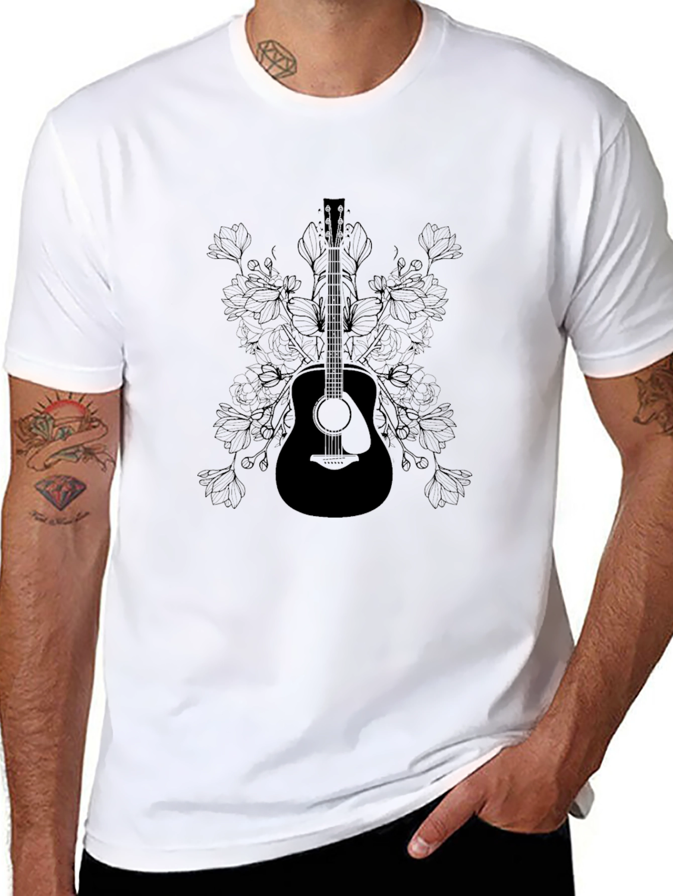 Guitar & Floral Graphic T-Shirt - Black