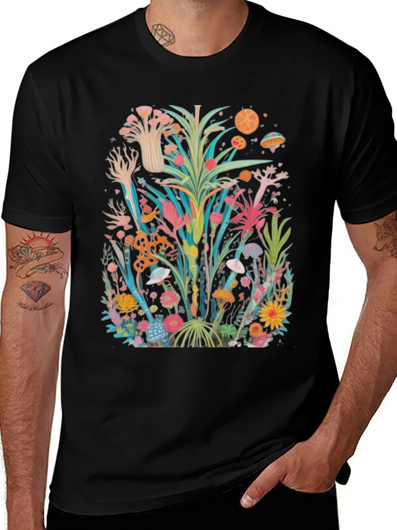 Unique Floral Graphic Tee - Black Cotton Shirt