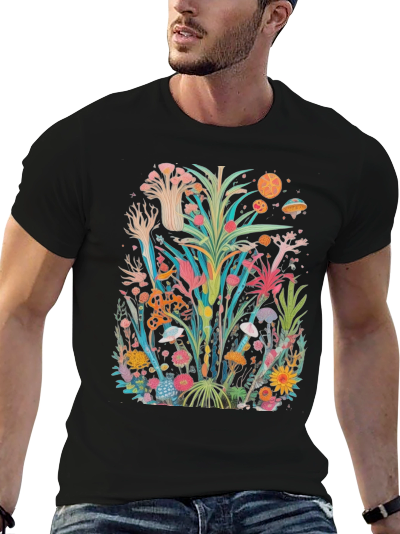 Unique Floral Graphic Tee - Black Cotton Shirt