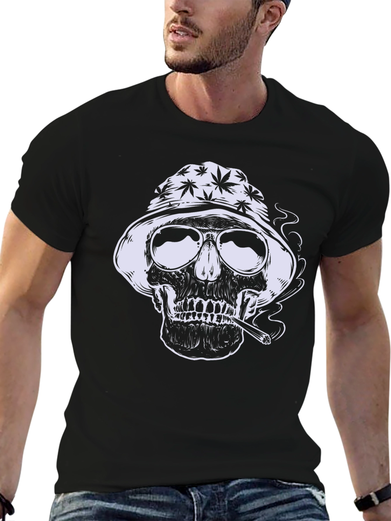 Skull Smoking Weed Graphic Tee - Black