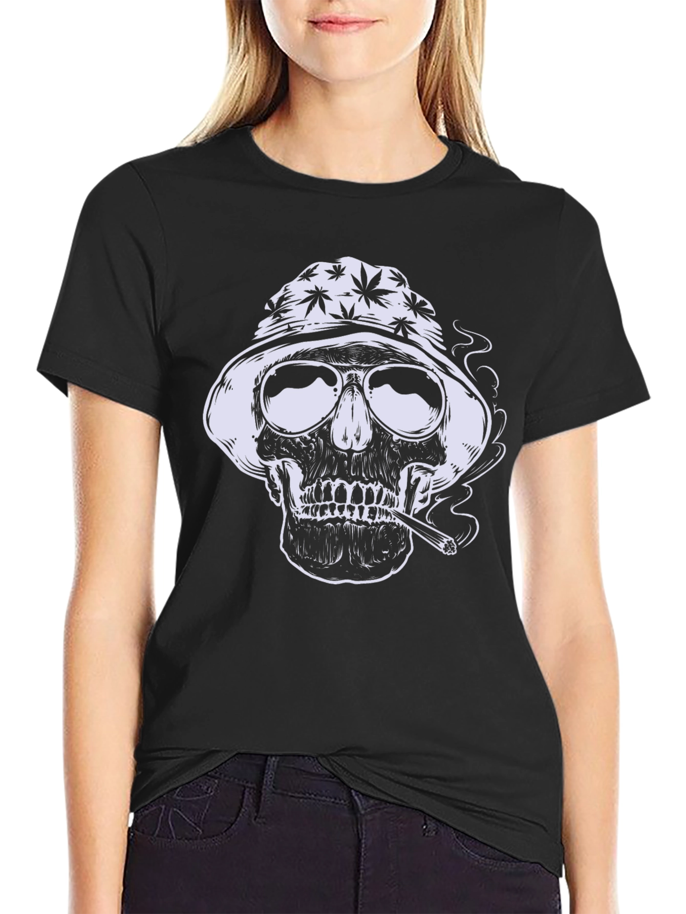 Skull Smoking Weed Graphic Tee - Black