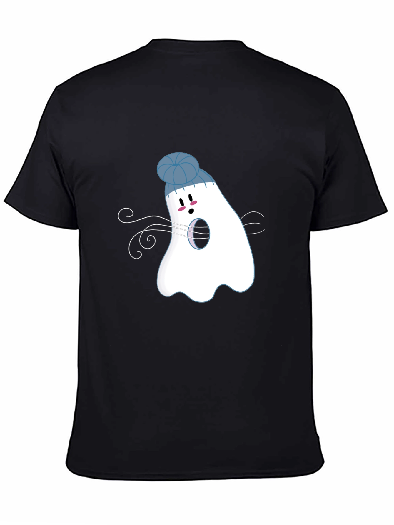 Whimsical Ghost in Beanie Black T-Shirt