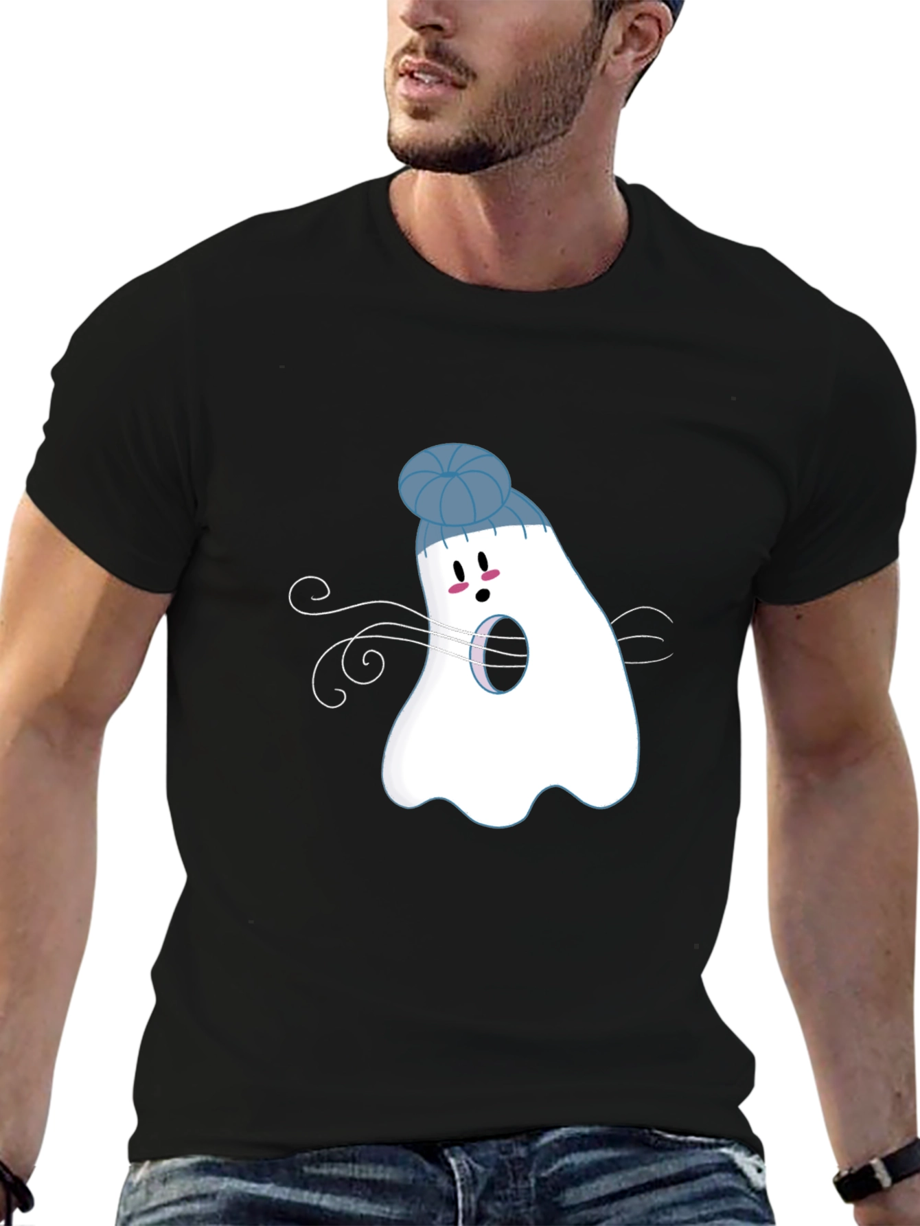 Whimsical Ghost in Beanie Black T-Shirt