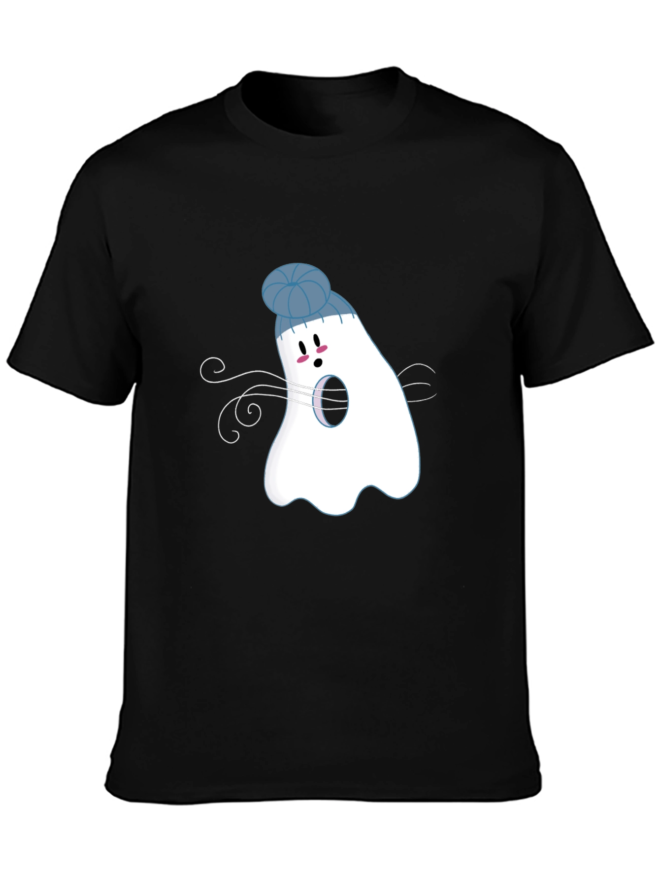 Whimsical Ghost in Beanie Black T-Shirt