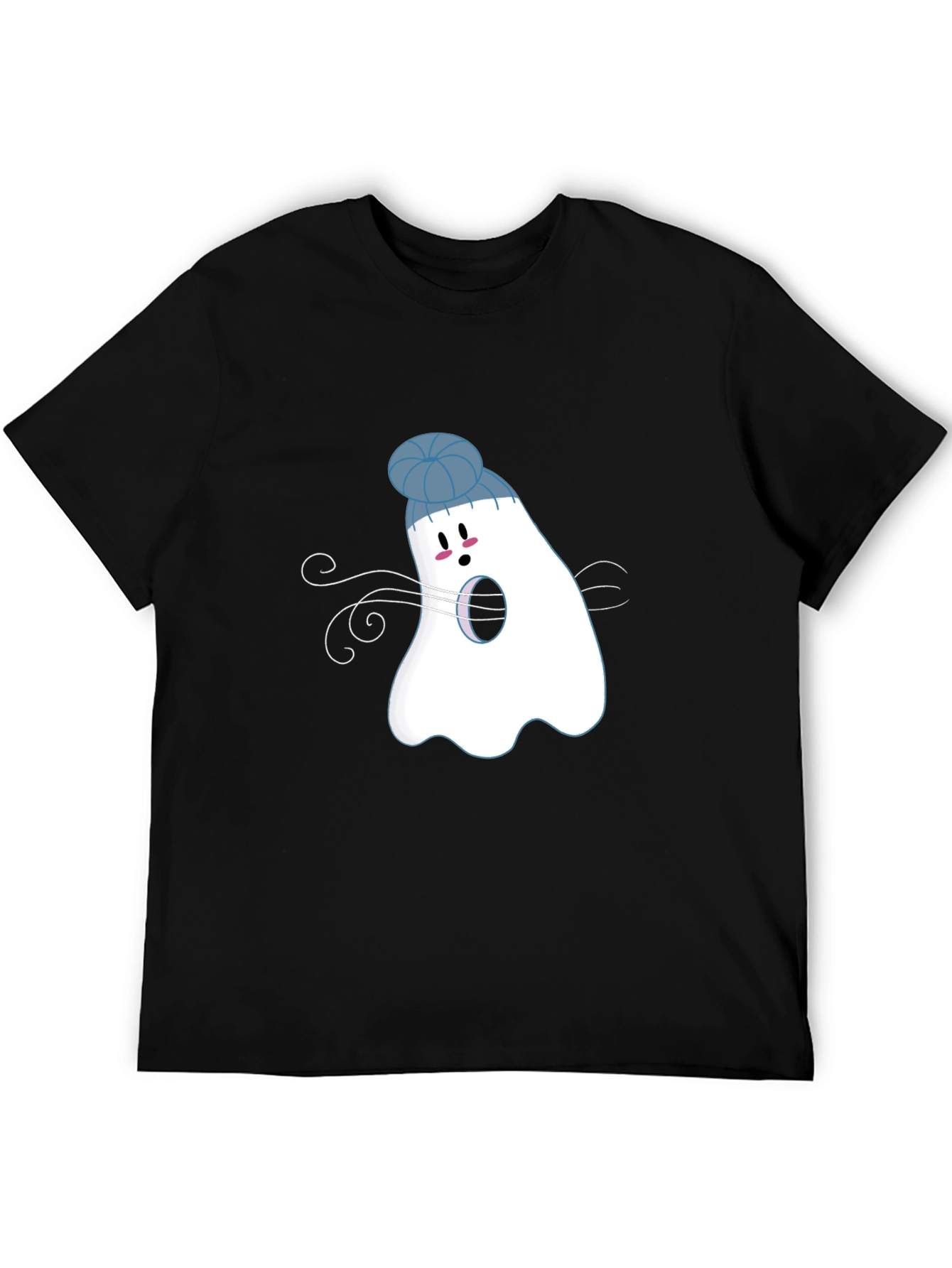 Whimsical Ghost in Beanie Black T-Shirt