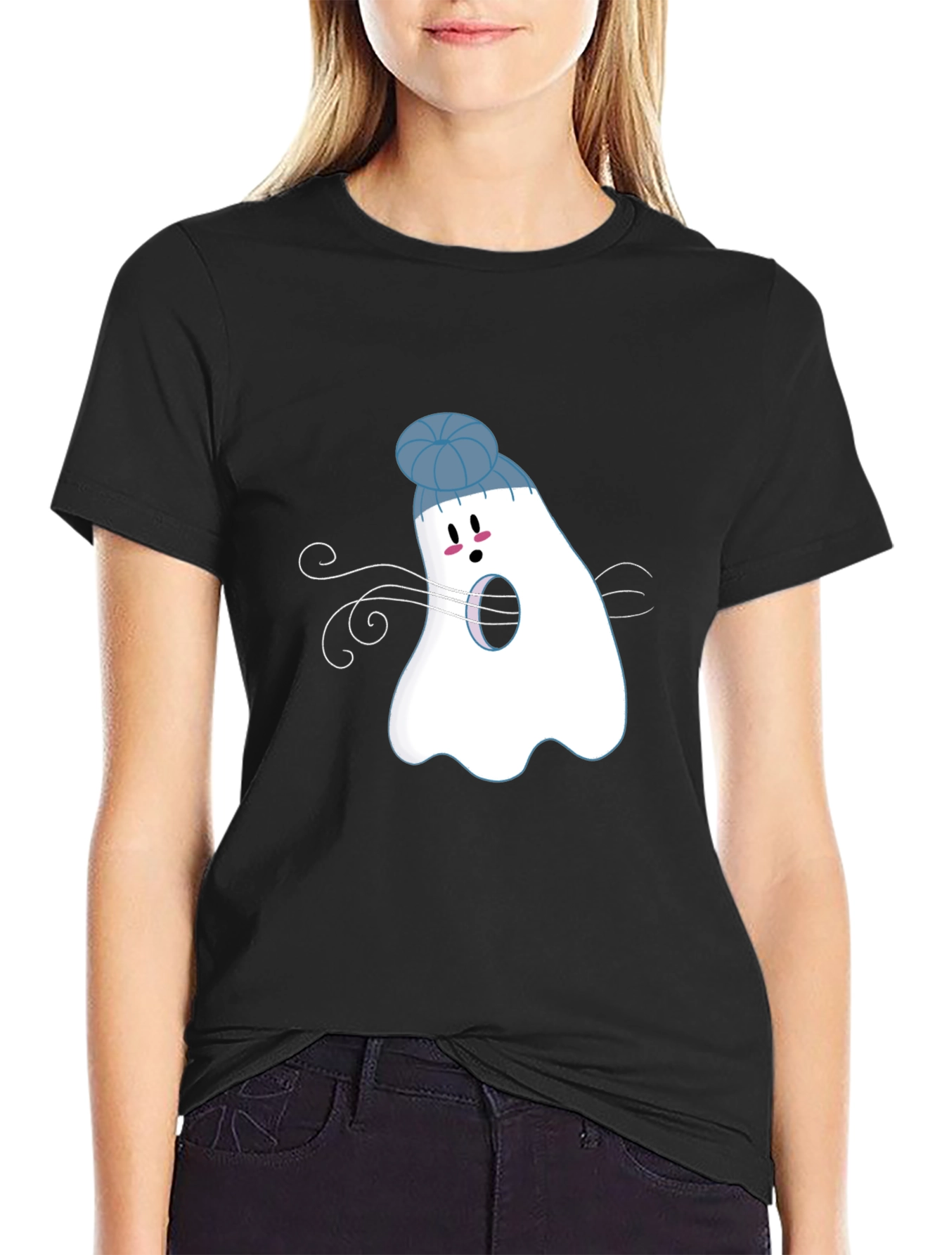 Whimsical Ghost in Beanie Black T-Shirt