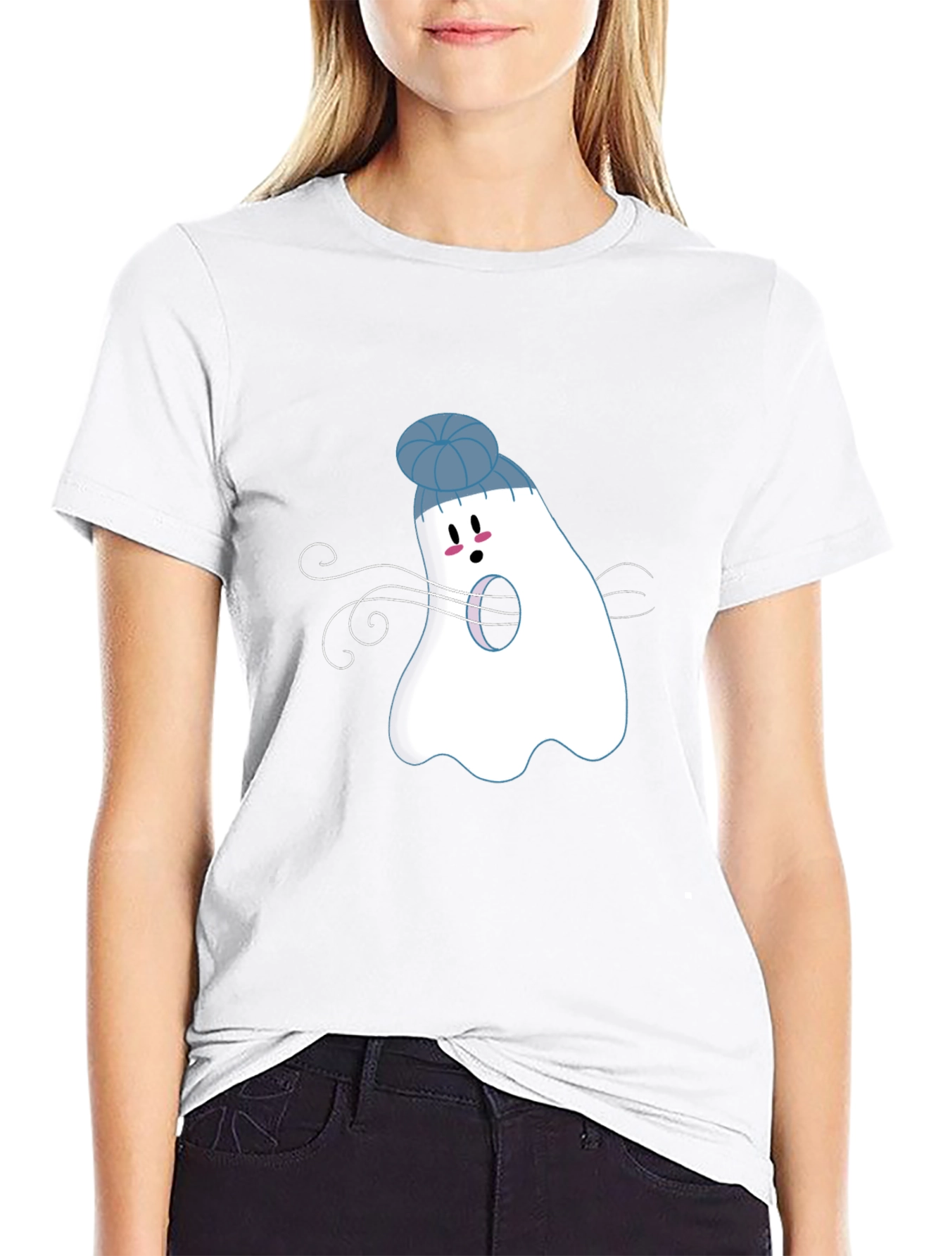 Whimsical Ghost in Beanie Black T-Shirt