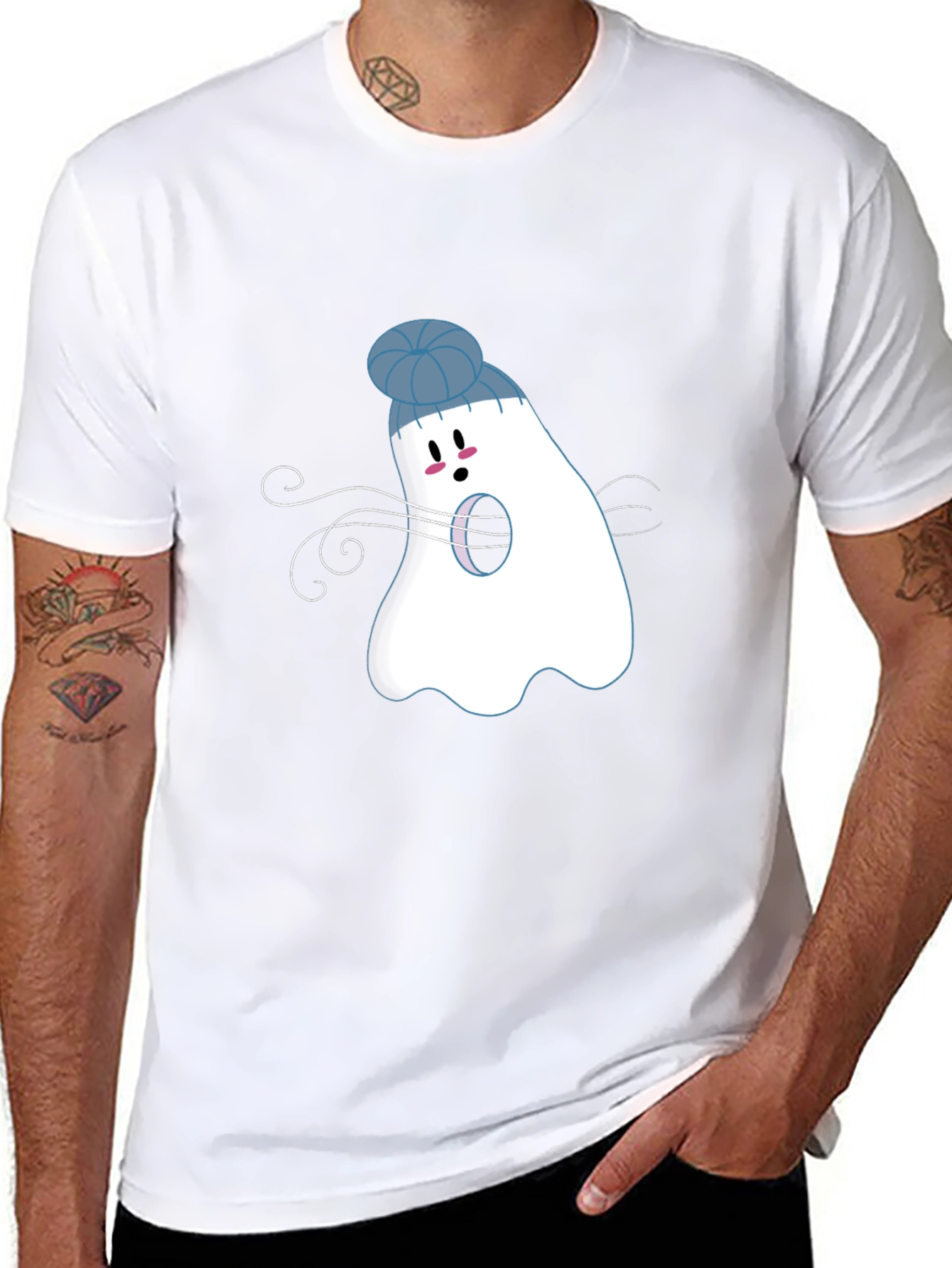 Whimsical Ghost in Beanie Black T-Shirt