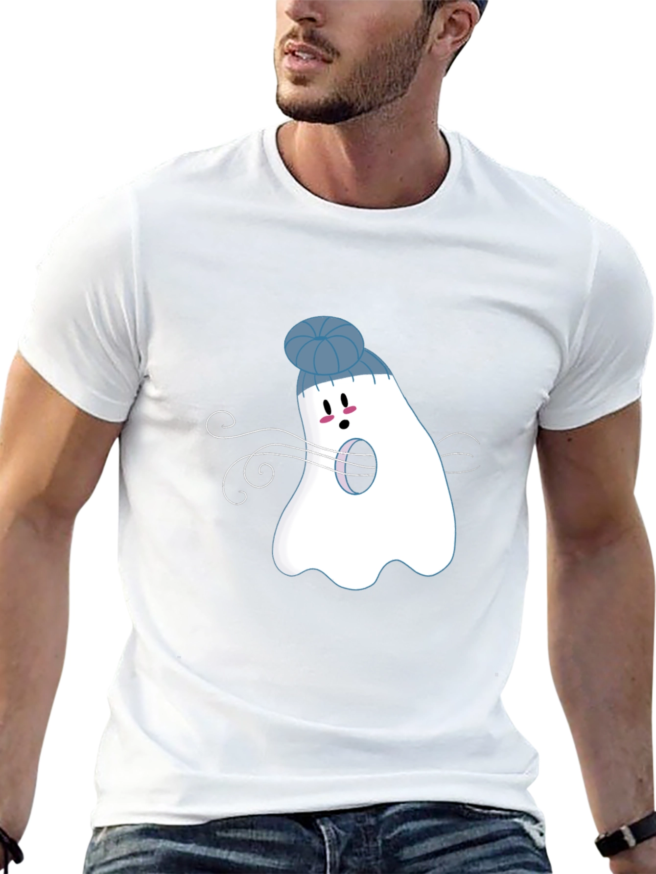 Whimsical Ghost in Beanie Black T-Shirt