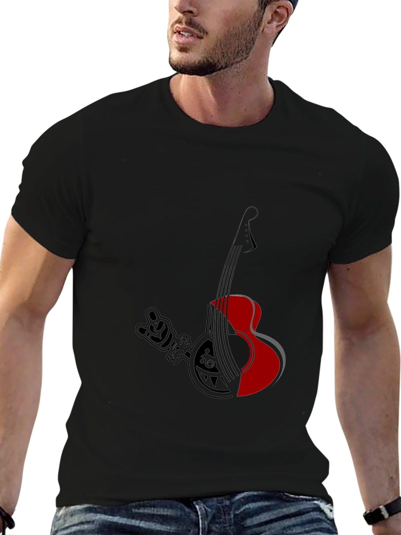 Black T-Shirt with Guitar Graphic