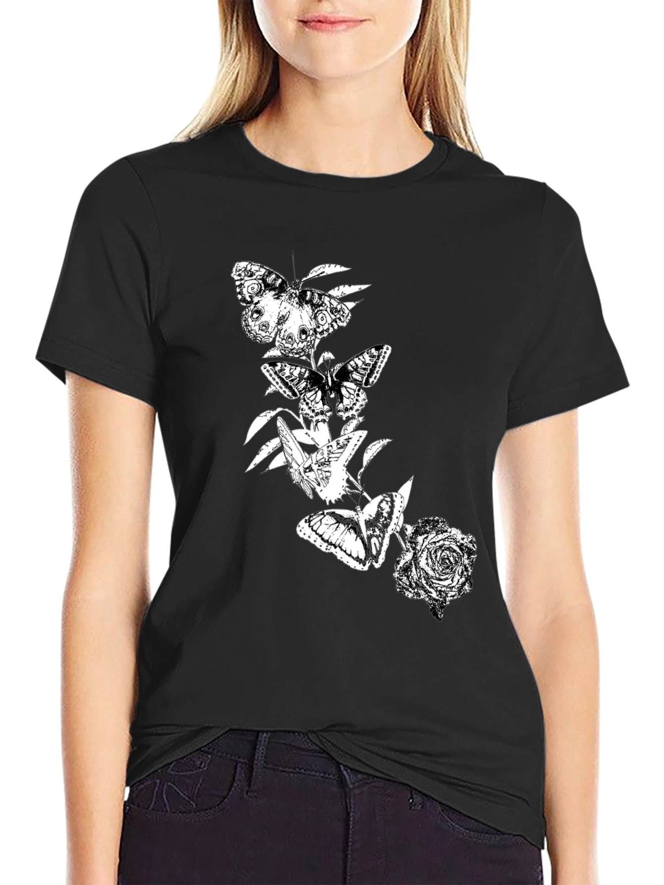 Butterfly & Rose Graphic Black T-Shirt