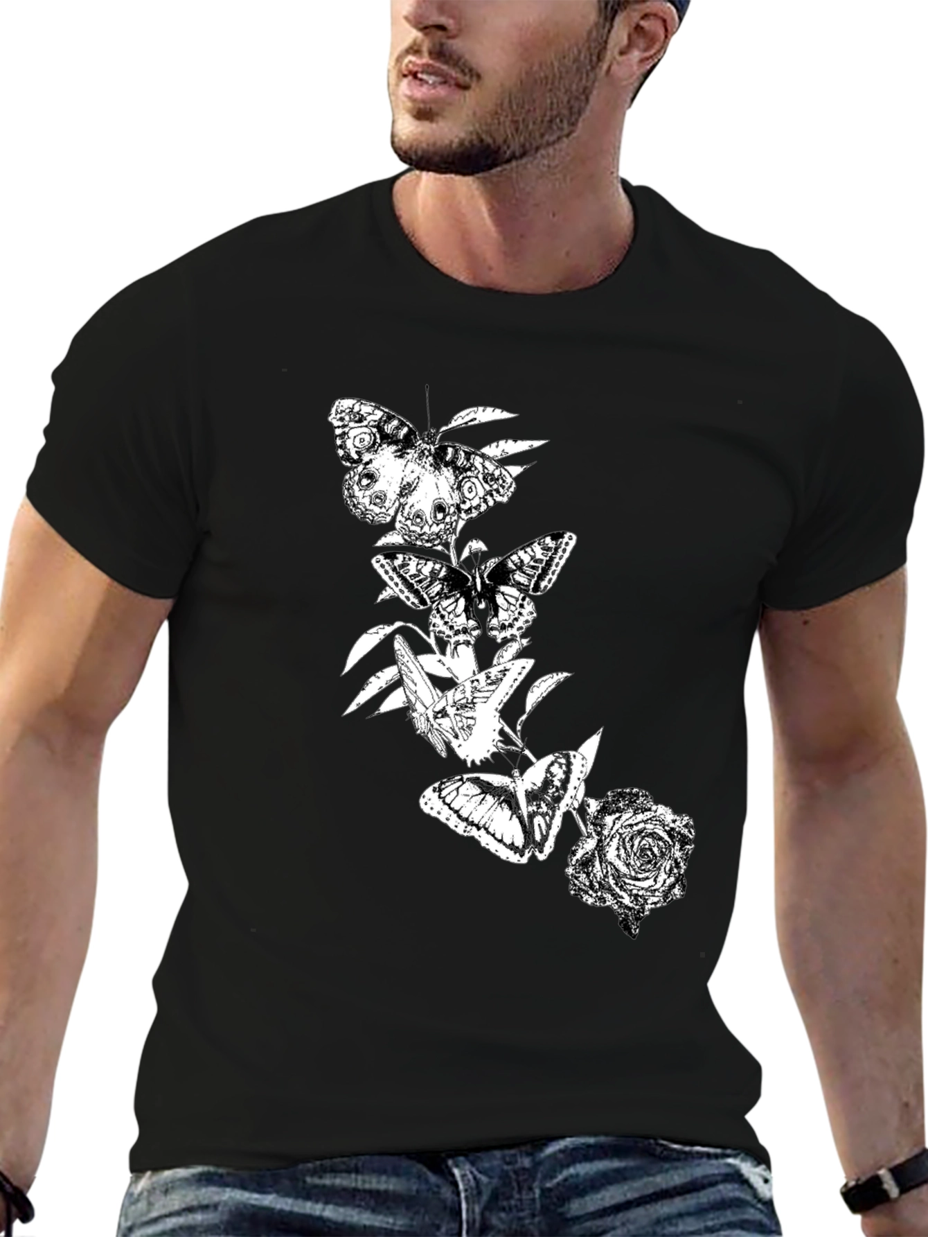 Butterfly & Rose Graphic Black T-Shirt