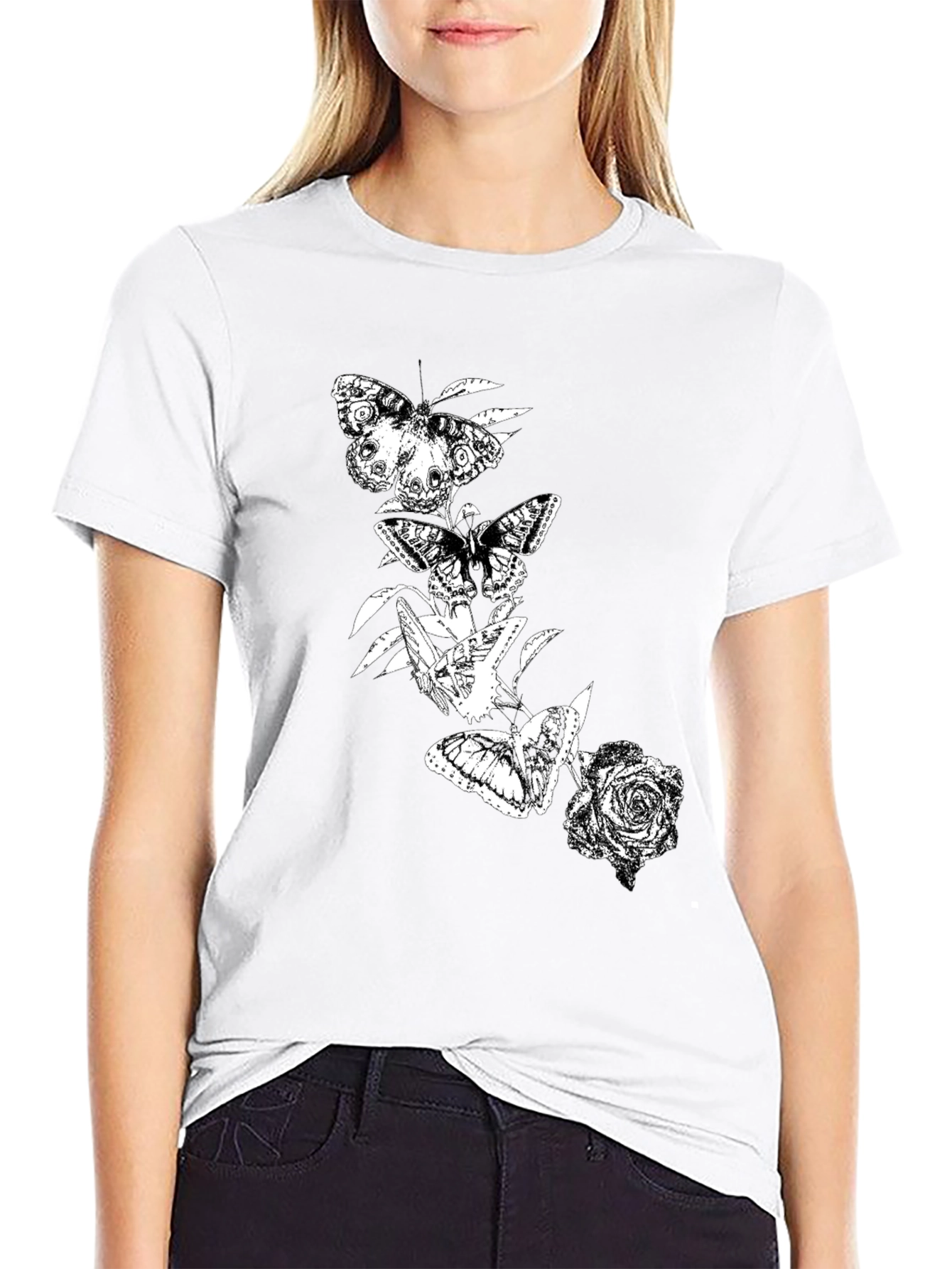 Butterfly & Rose Graphic Black T-Shirt