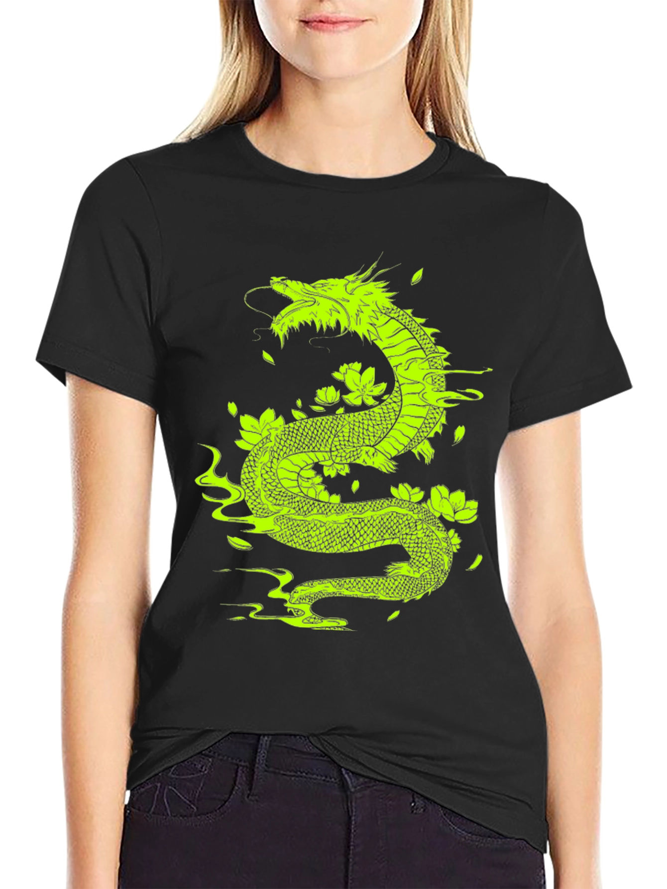 Dragon & Lotus Graphic Tee - Bold Black T-Shirt