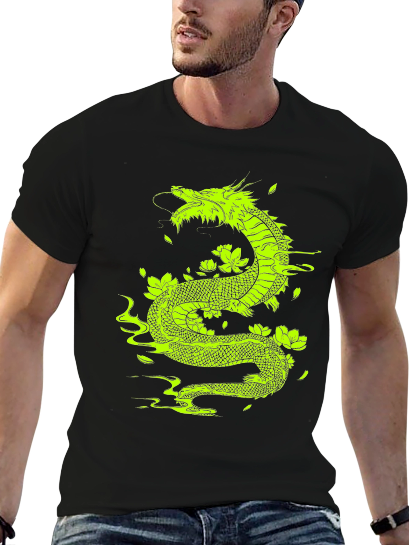 Dragon & Lotus Graphic Tee - Bold Black T-Shirt