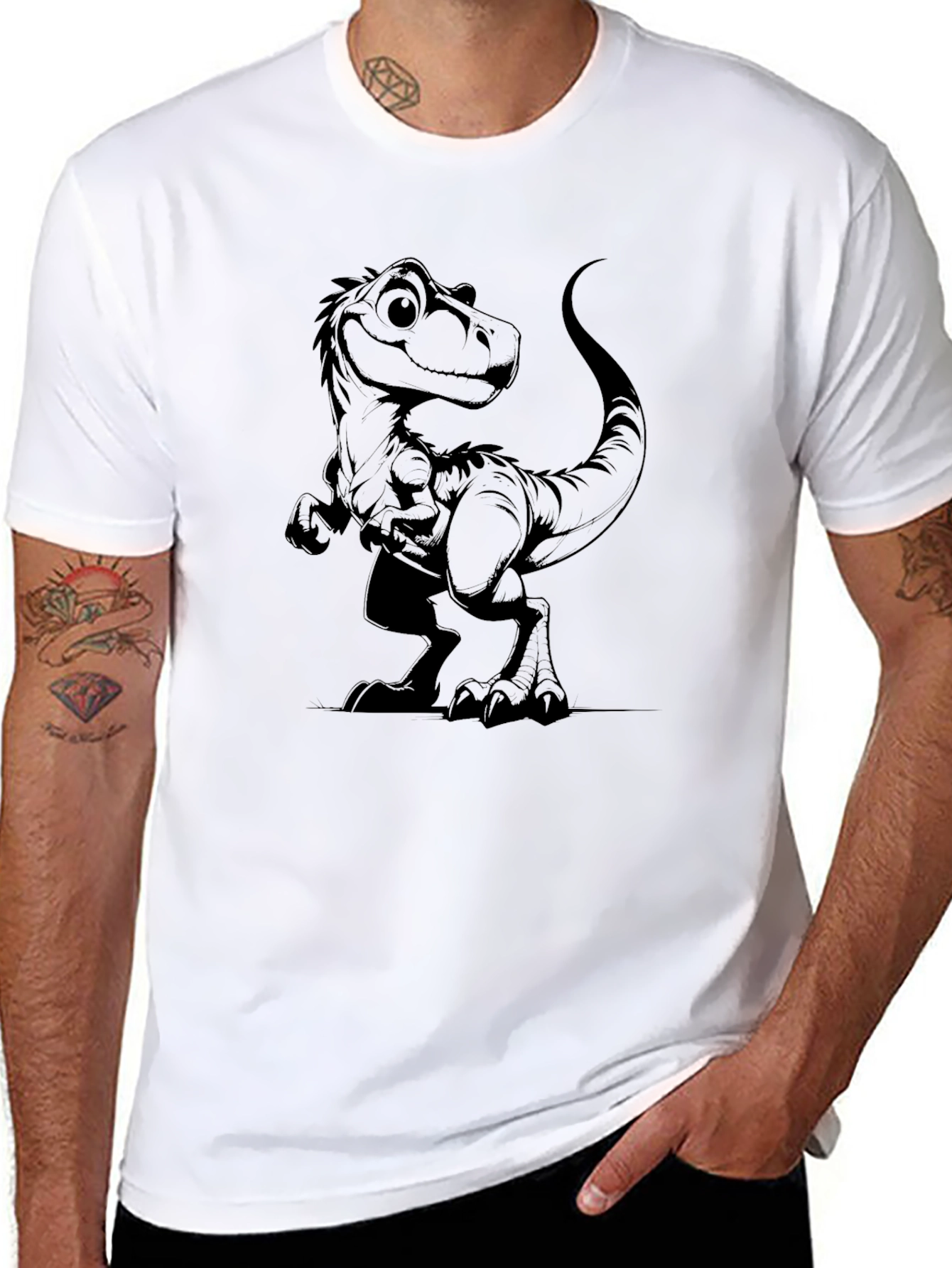 Black T-Shirt with Cartoon Dinosaur Graphic