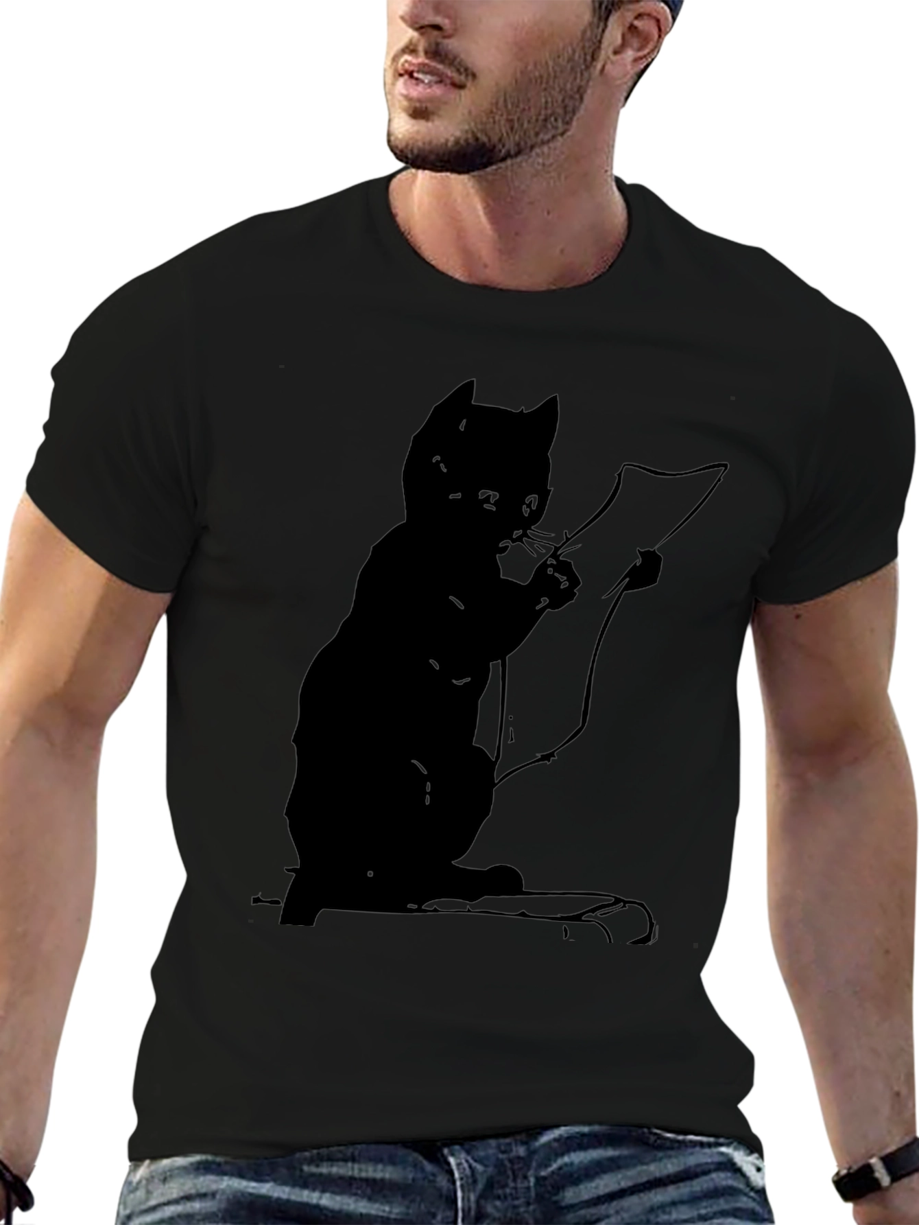 Cat Reading a Scroll Graphic Tee - Black